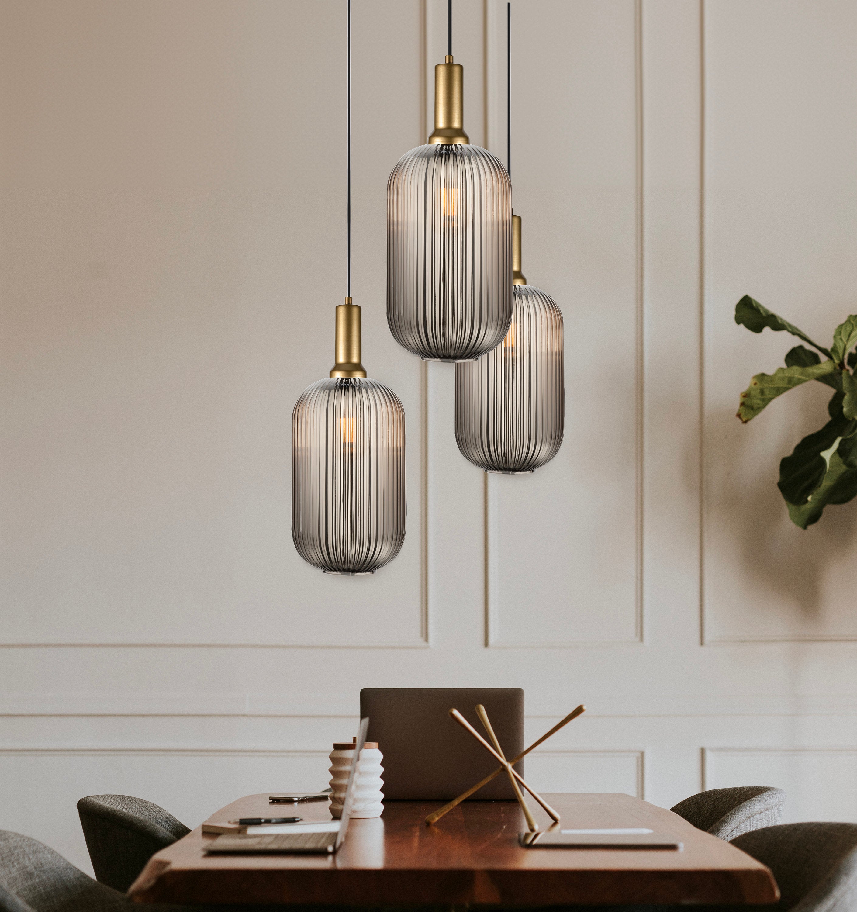 Smoke Gray Ribbed Glass Pendant Light: Modern Brass-Tone Chandelier