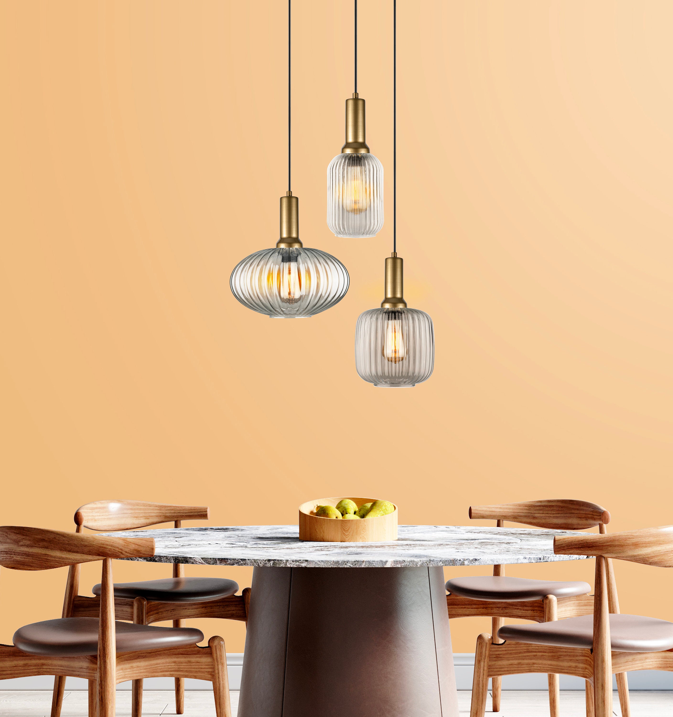 Mid Century Modern Ribbed Glass Pendant Light: Smoky Gray, Amber, Clear