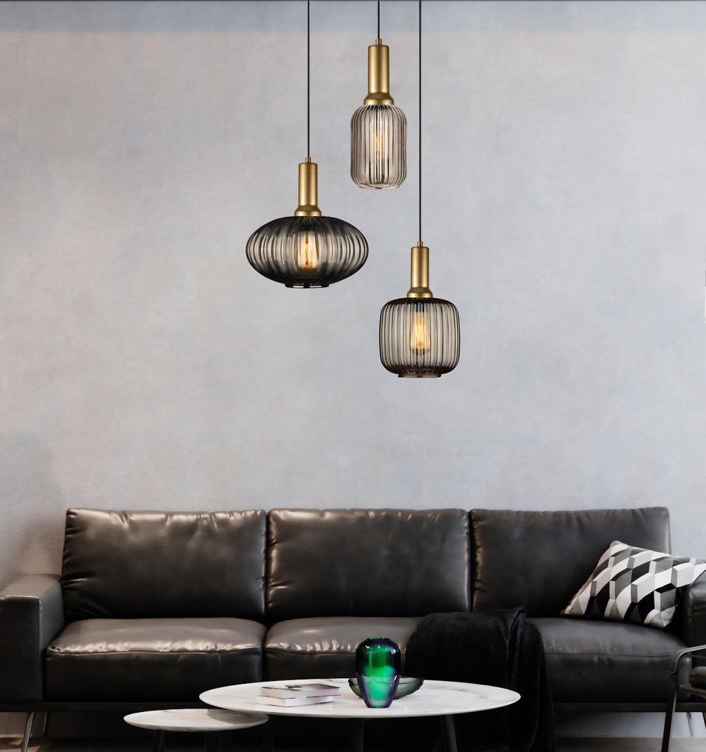 Mid Century Modern Ribbed Glass Pendant Light: Smoky Gray, Amber, Clear