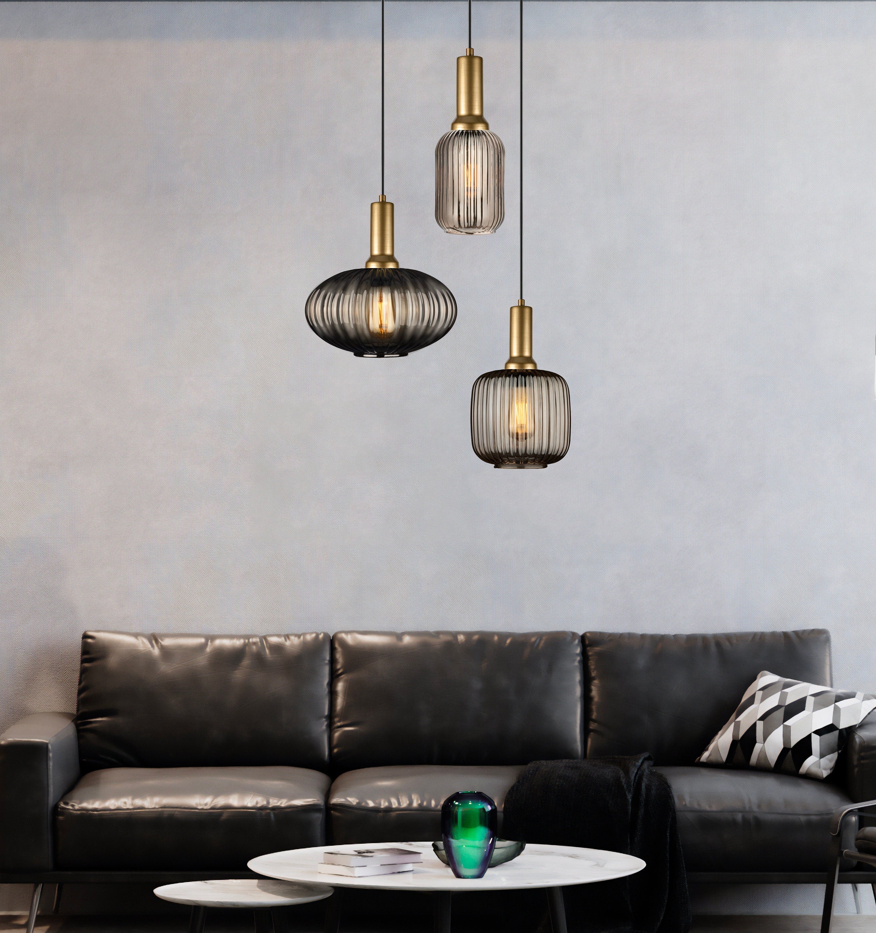 Mid Century Modern Ribbed Glass Pendant Light: Smoky Gray, Amber, Clear