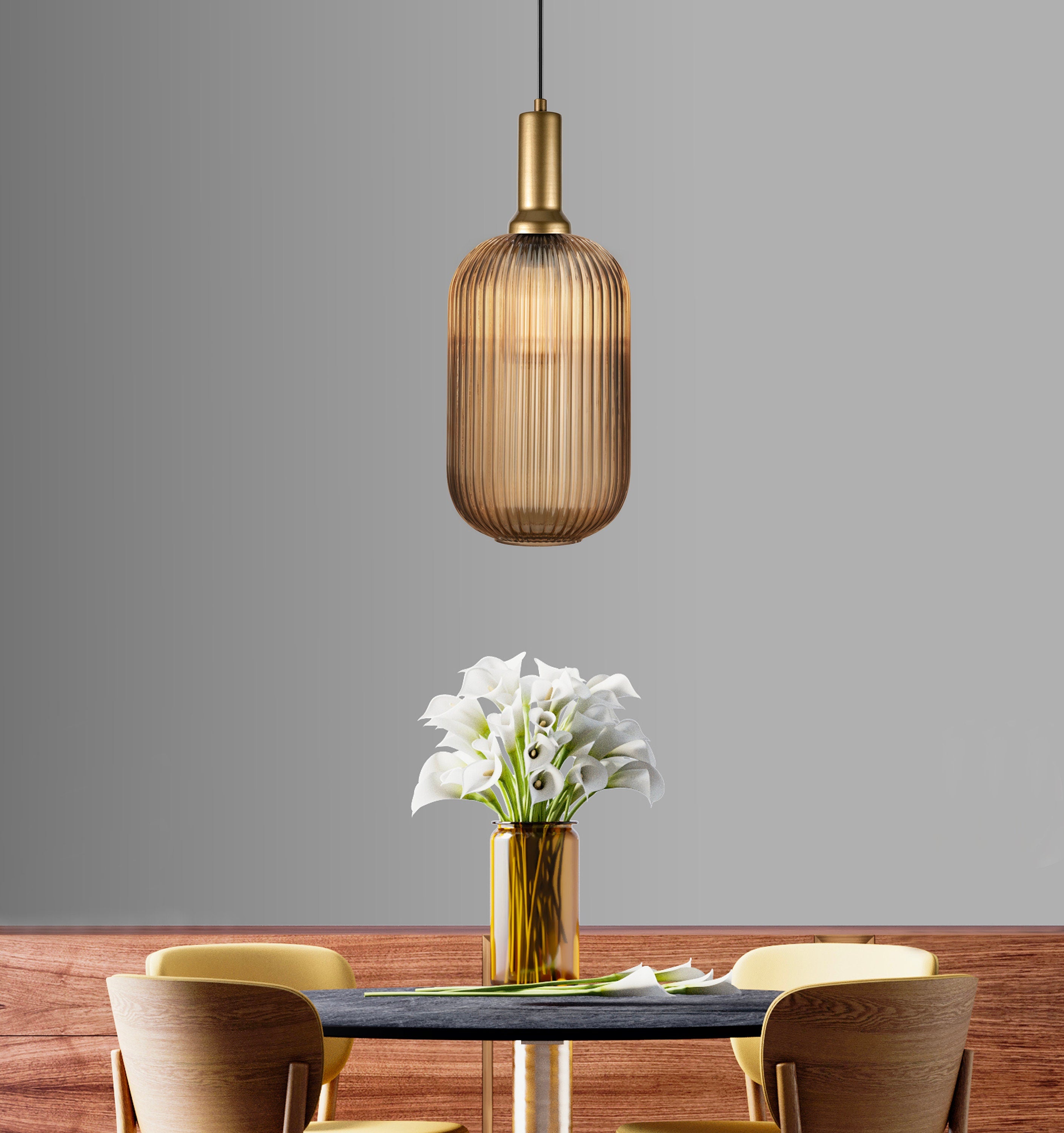 Amber Ribbed Glass Pendant Light: Modern Scandinavian Lighting