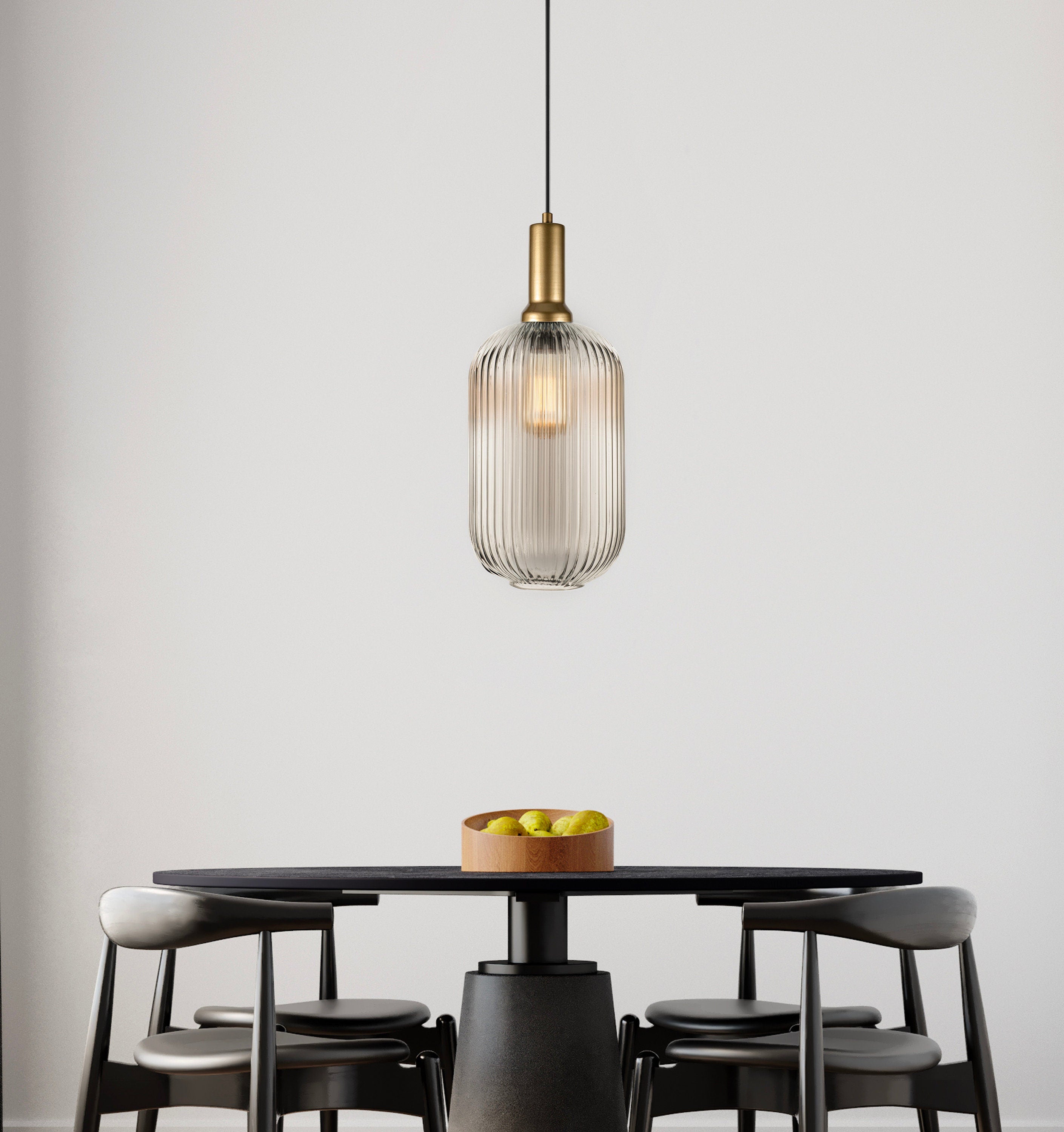 Ribbed Glass Pendant Light: Mid-Century Modern Gold Accent, Custom Length
