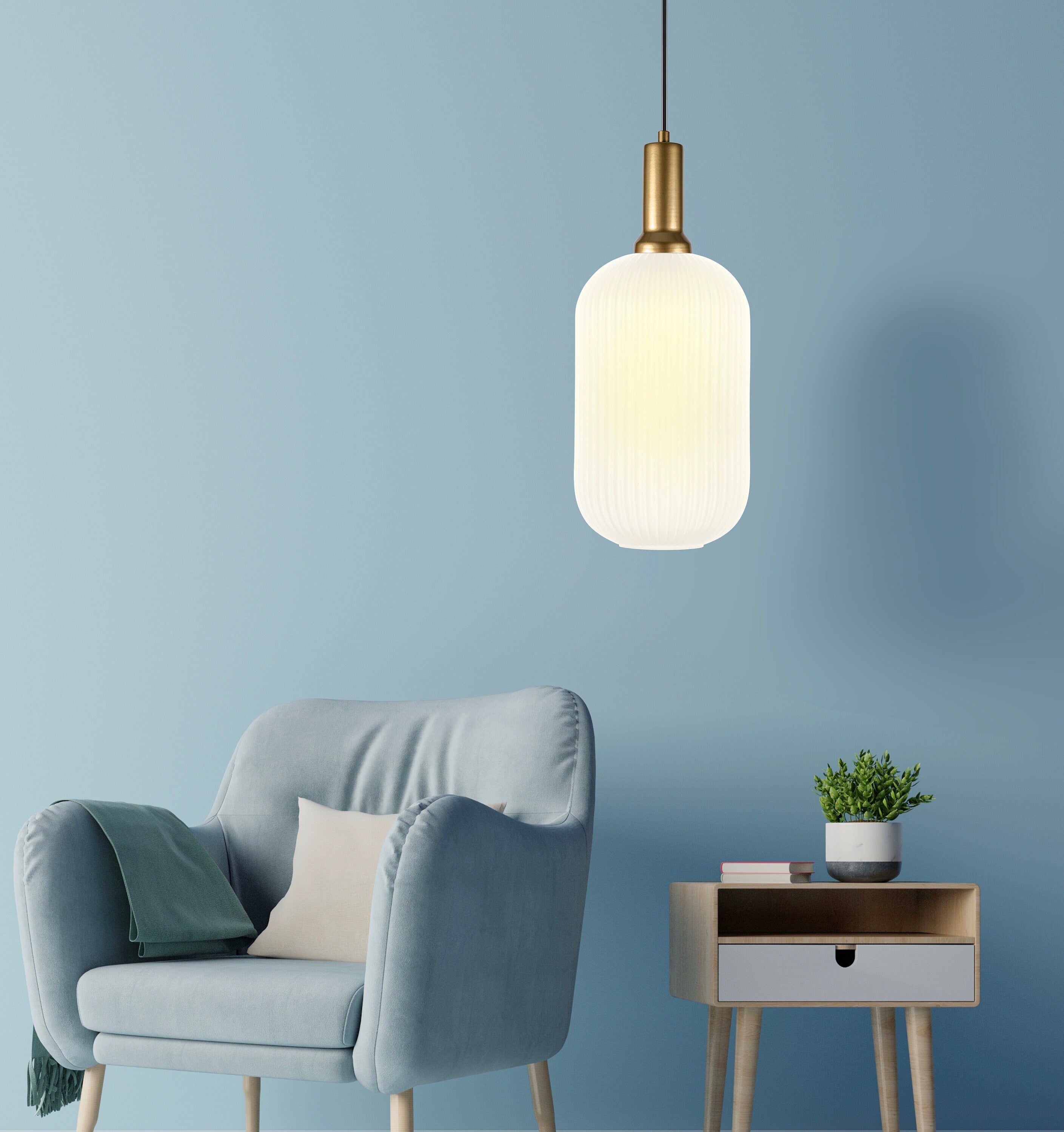 Ribbed Glass Pendant Light: Custom Height, Smoky Amber Clear Options