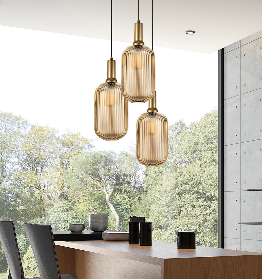 XL Amber Ribbed Glass Pendant Light: Mid-Century Modern Chandelier