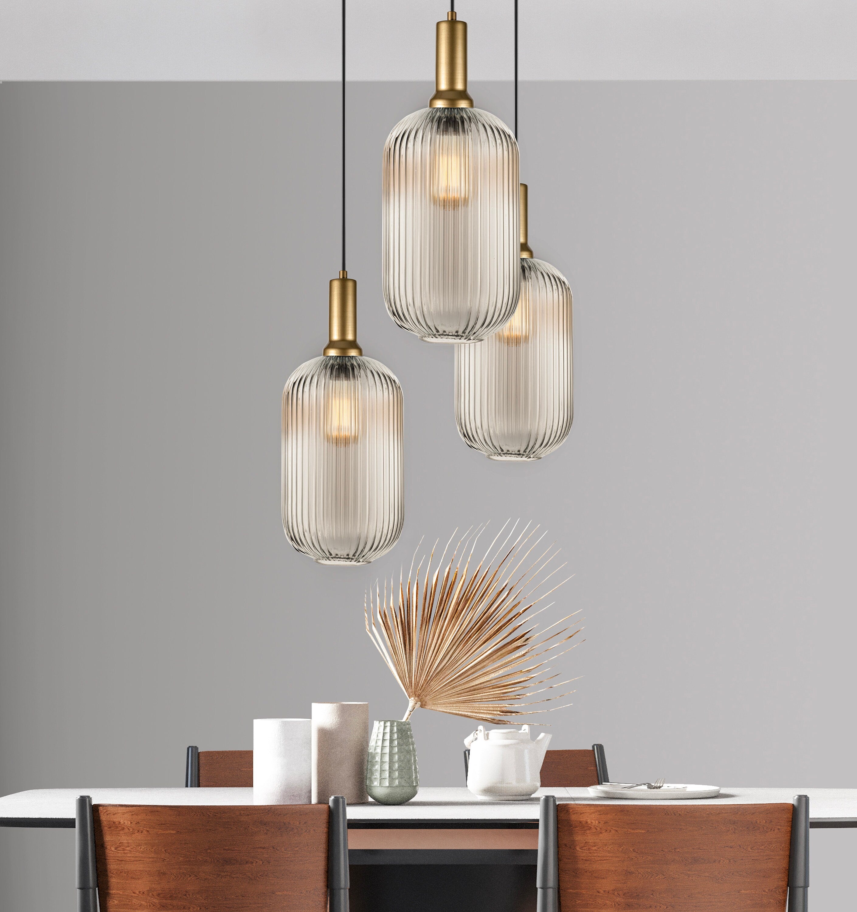 Reeded Glass Multi-Pendant Light: Long Chandelier for High Ceilings