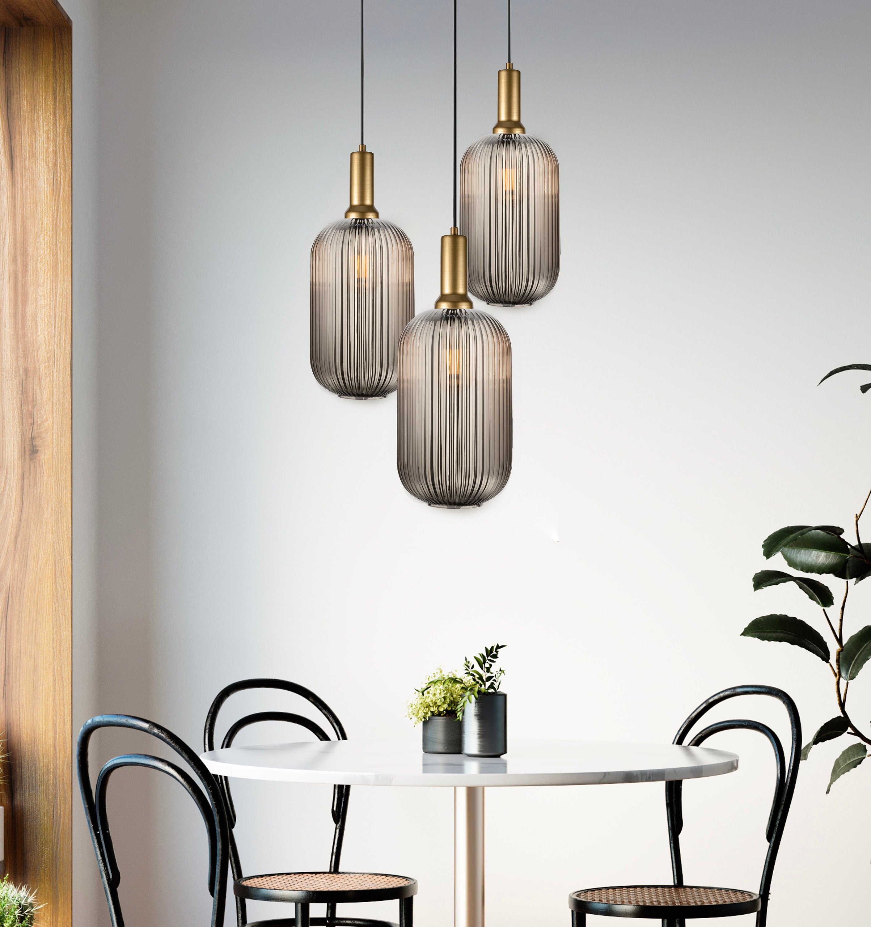 Smoke Gray Ribbed Glass Pendant Light: Modern Brass-Tone Chandelier