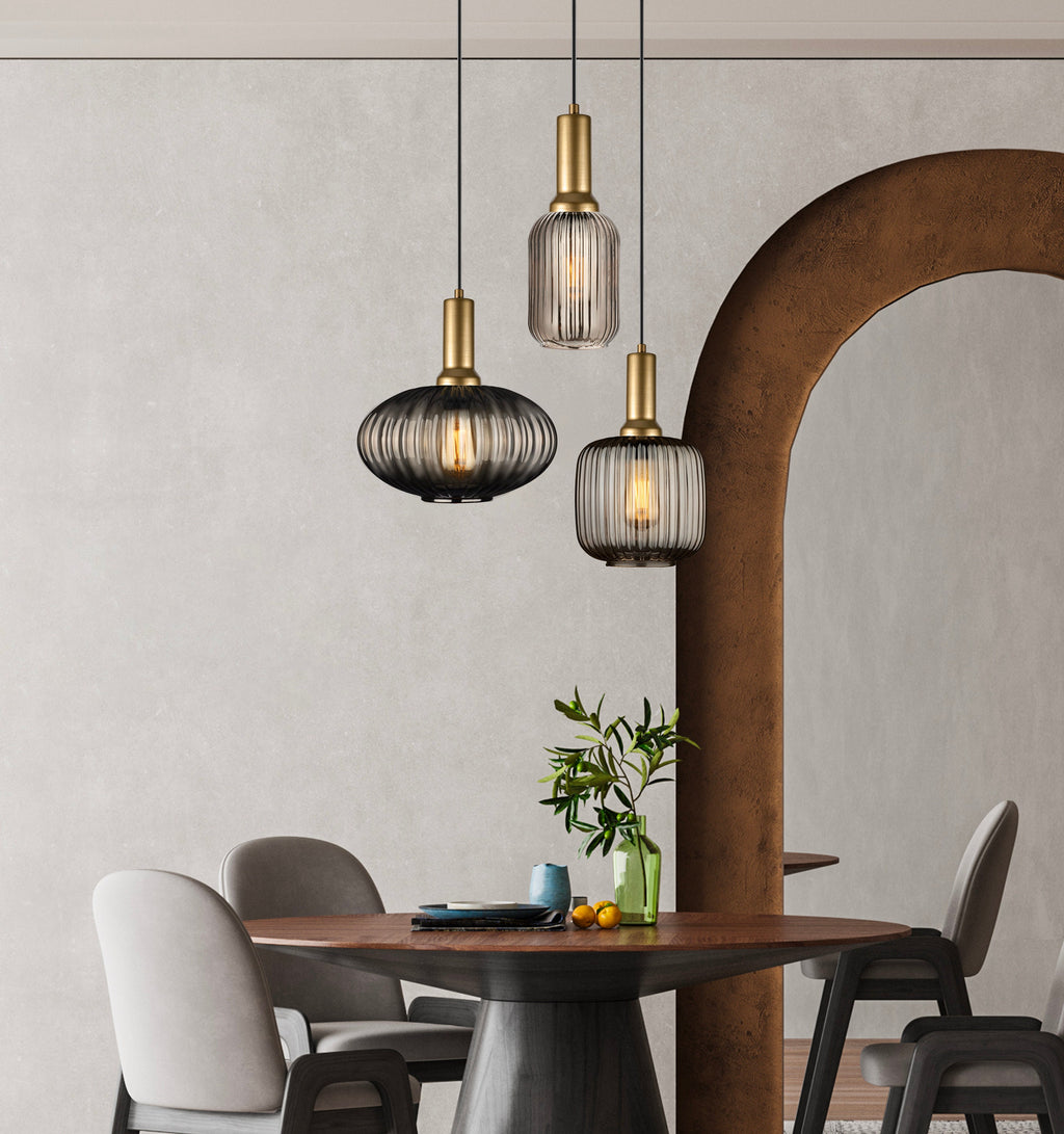 Mid Century Modern Ribbed Glass Pendant Light: Smoky Gray, Amber, Clear