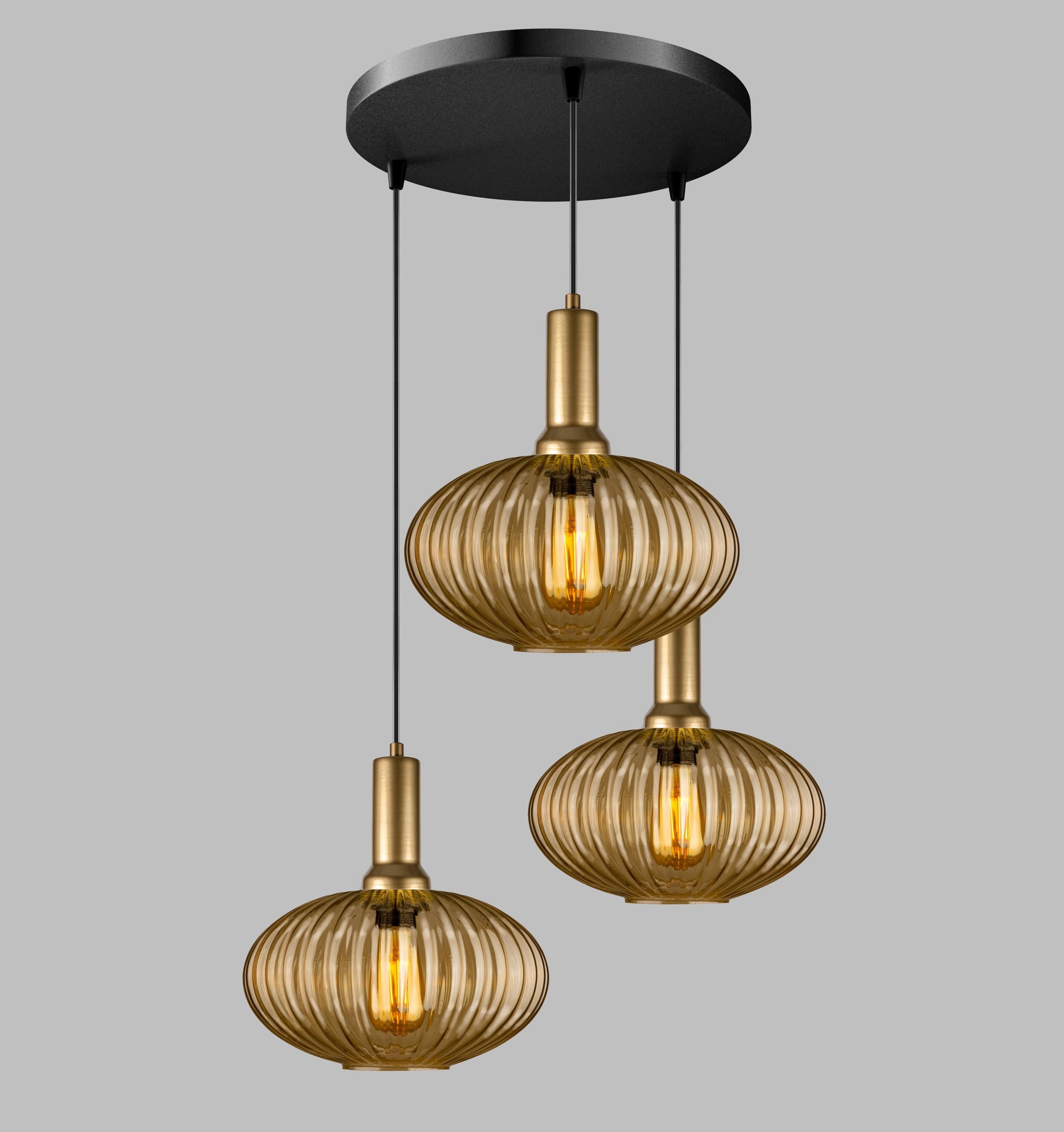 Amber Ribbed Glass Pendant Light: Modern Multi-Light Chandelier