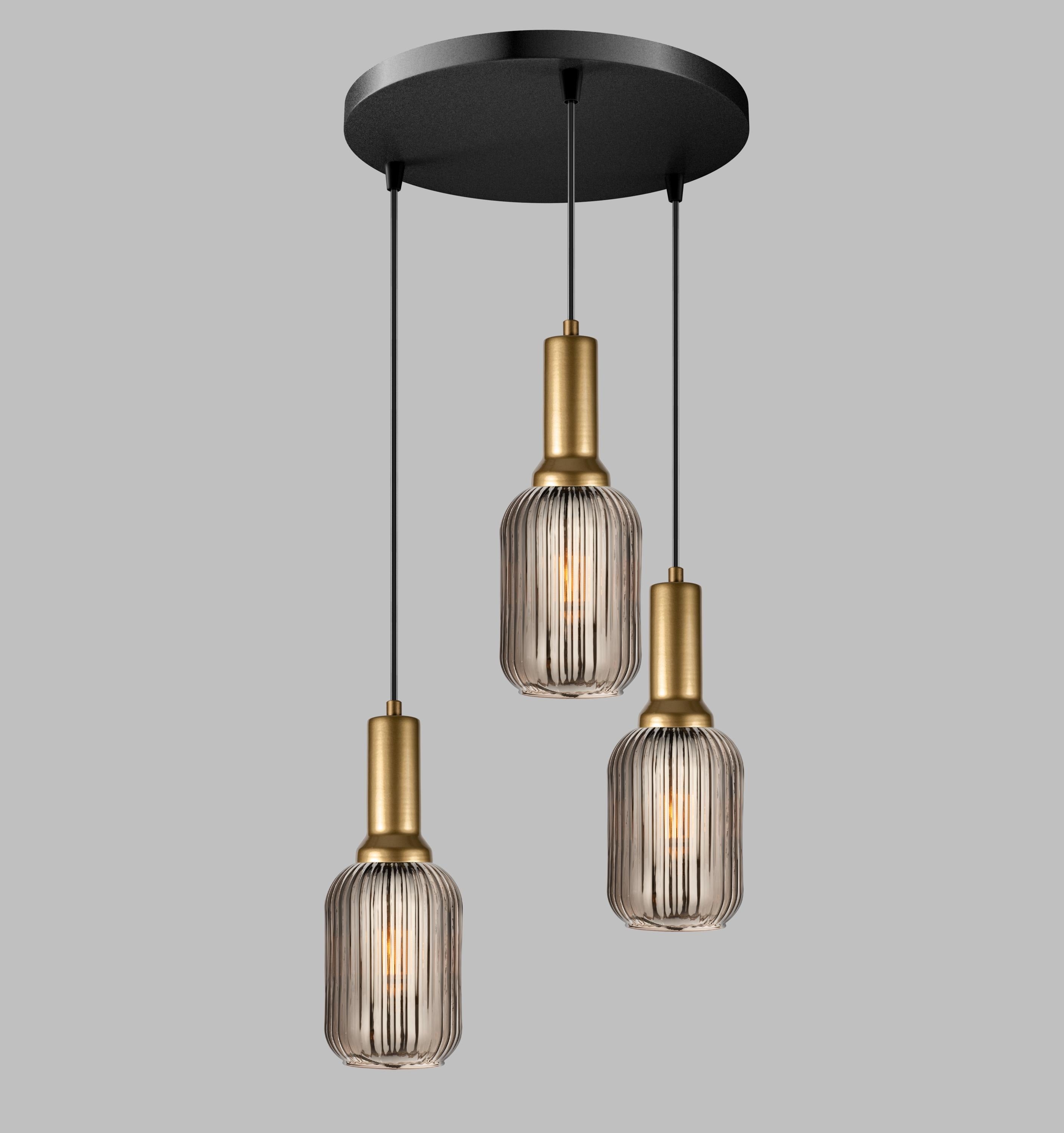 Smoke Gray Ribbed Glass Pendant Light: Modern Cylinder Chandelier