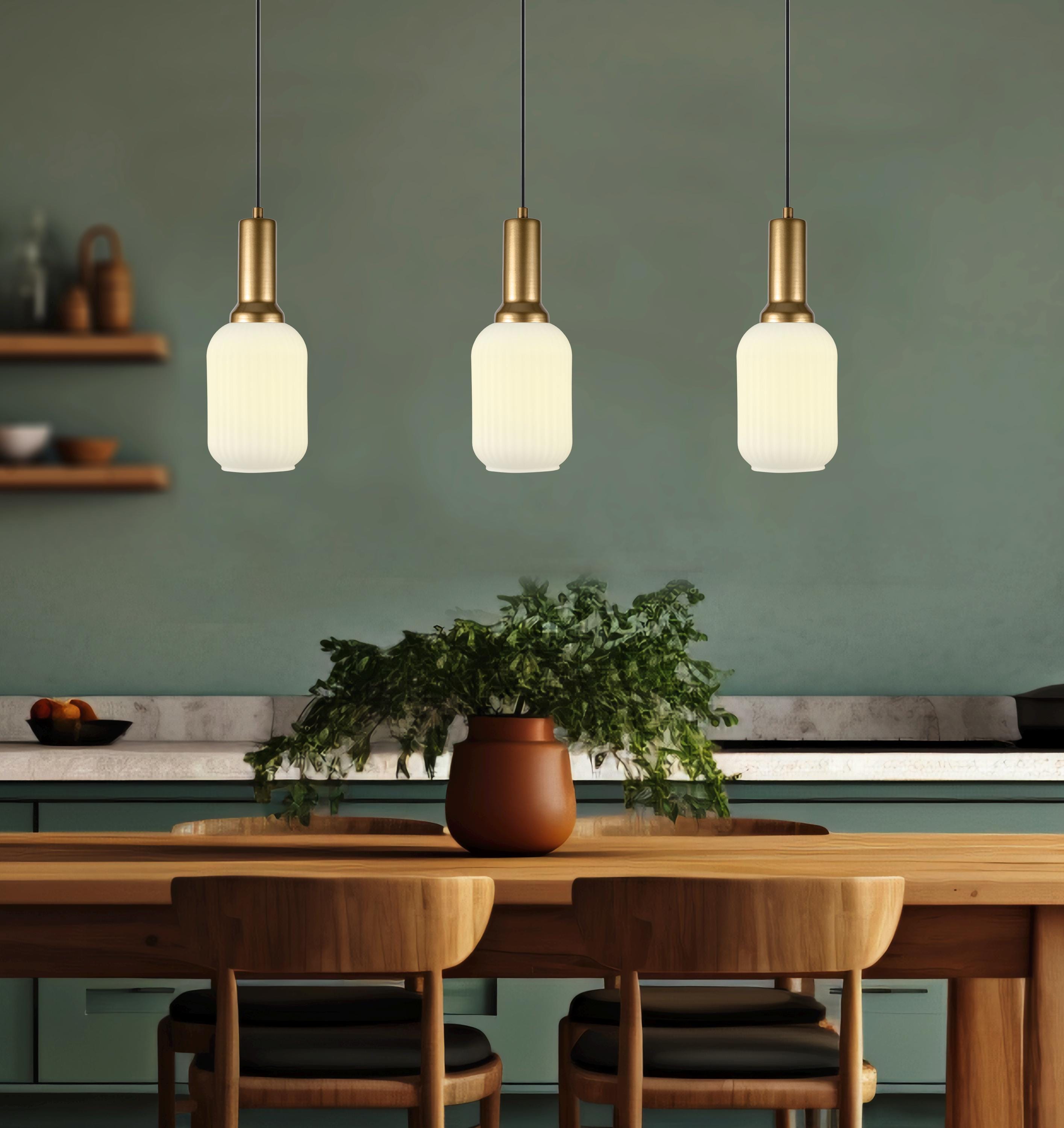 Ribbed White Glass Pendant Light: Modern Cylinder Chandelier