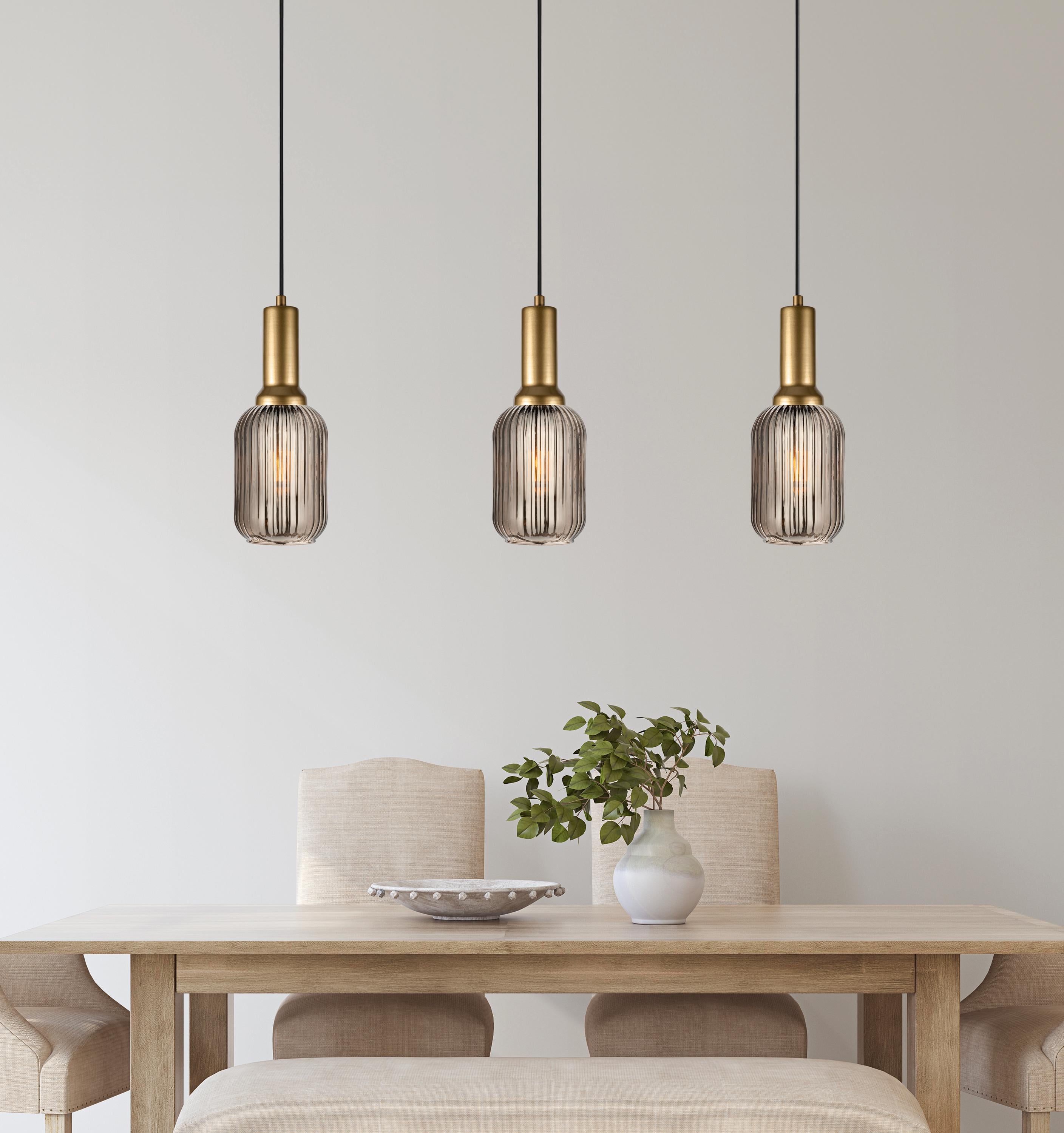 Smoke Gray Glass Pendant Light: Modern Ribbed Lighting, Multi-Light Chandelier