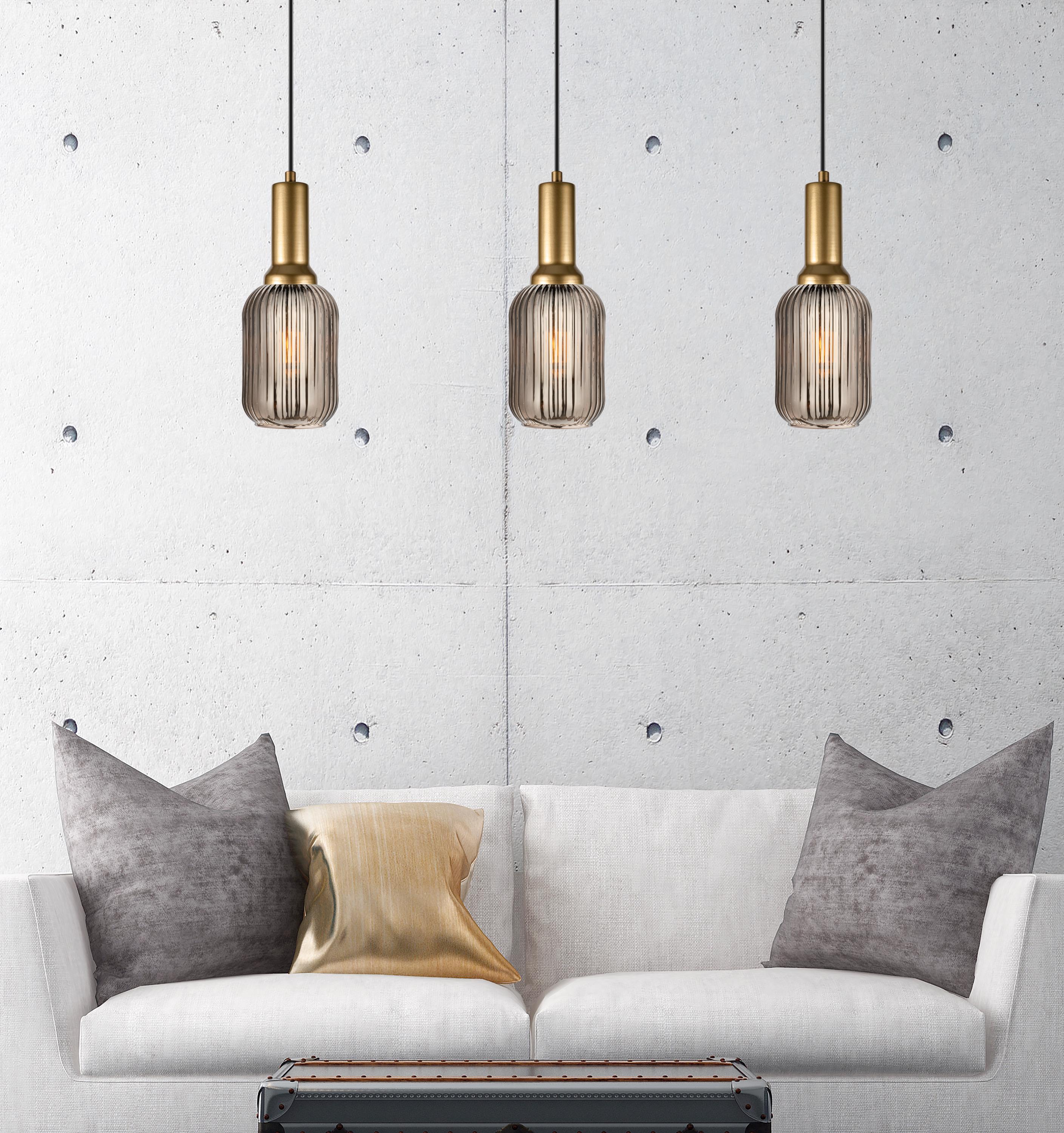 Smoke Gray Glass Pendant Light: Modern Ribbed Lighting, Multi-Light Chandelier