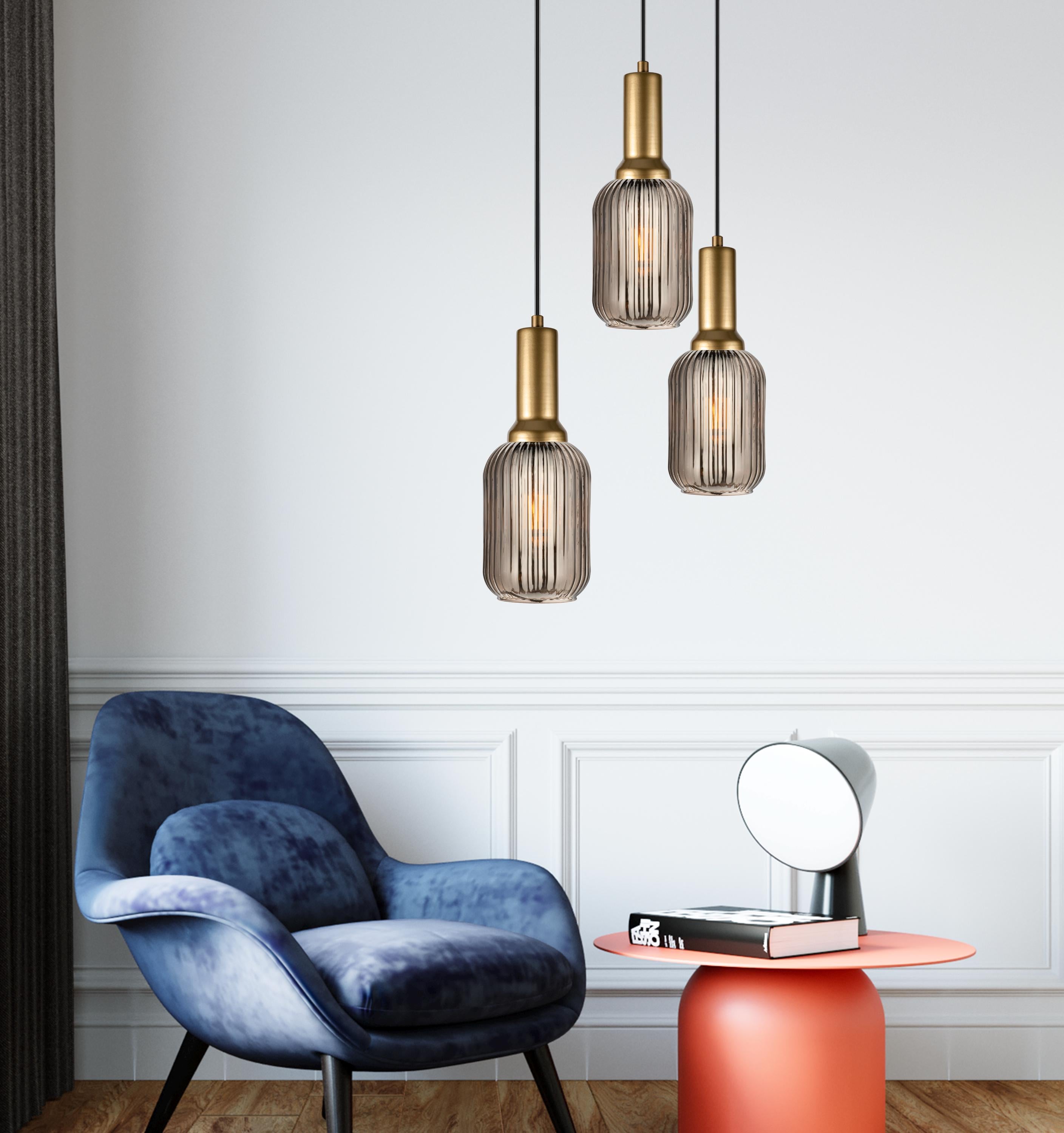 Smoke Gray Ribbed Glass Pendant Light: Modern Cylinder Chandelier