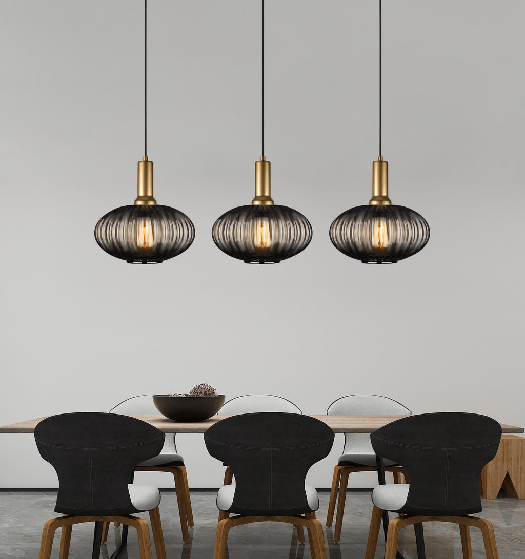 Smoke Gray Ribbed Glass Pendant Light: Modern Linear Chandelier Light