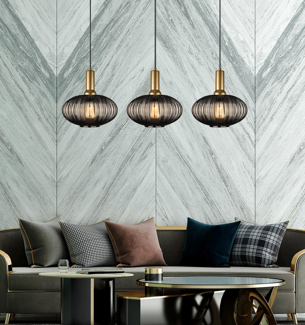 Smoke Gray Ribbed Glass Pendant Light: Modern Linear Chandelier Light
