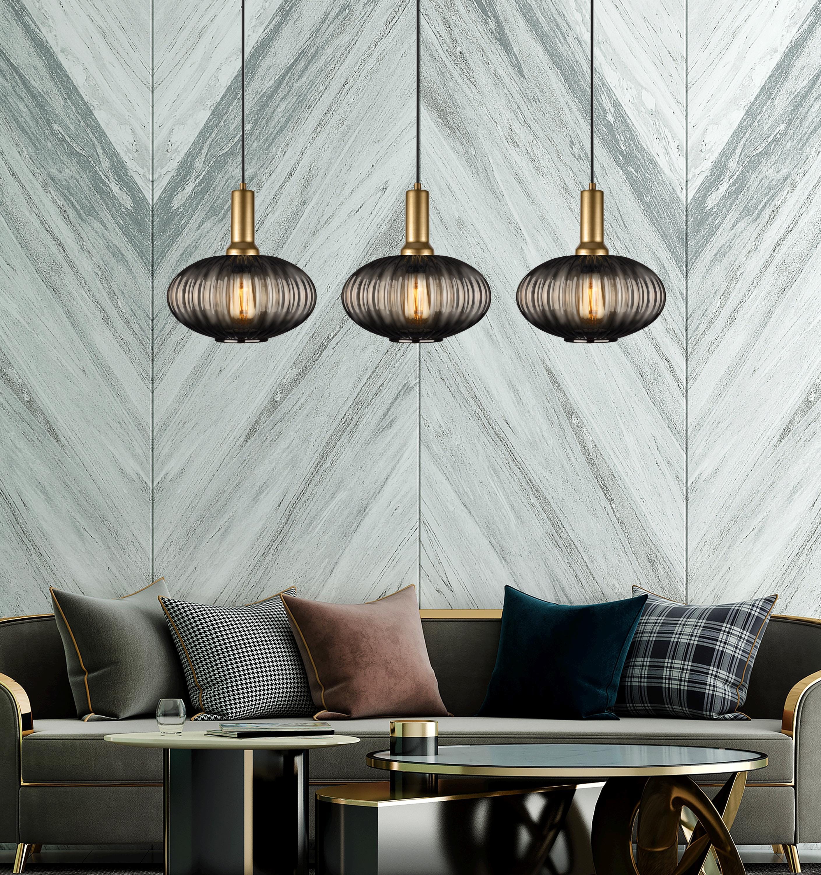 Smoke Gray Ribbed Glass Pendant Light: Modern Linear Chandelier Light