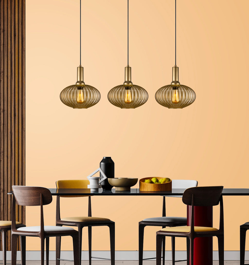 Amber Ribbed Glass Pendant Light: Modern Stairwell Chandelier