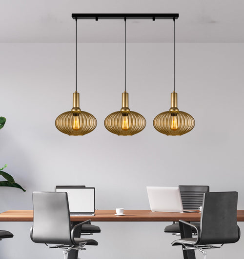 Amber Ribbed Glass Pendant Light: Modern Stairwell Chandelier