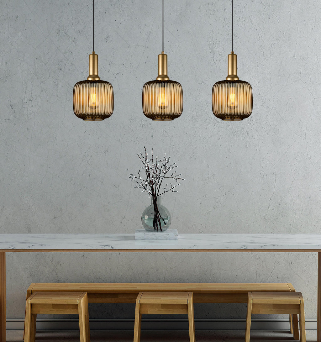 Ribbed Amber Glass Pendant Light: Modern Stairwell Chandelier