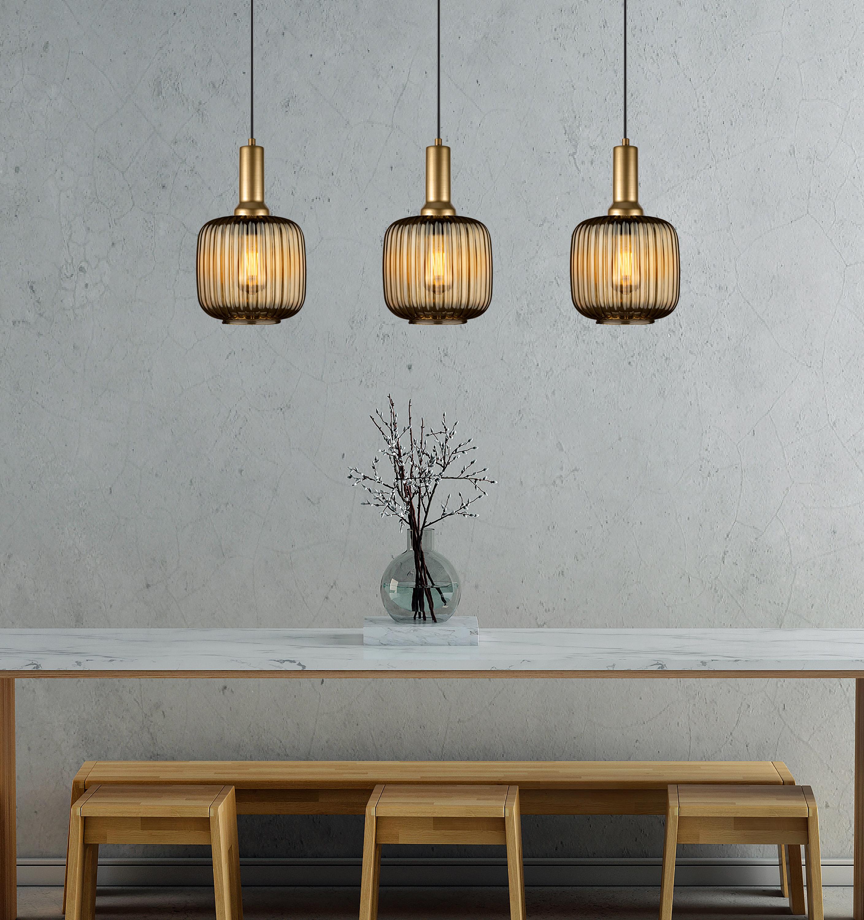 Ribbed Amber Glass Pendant Light: Modern Stairwell Chandelier