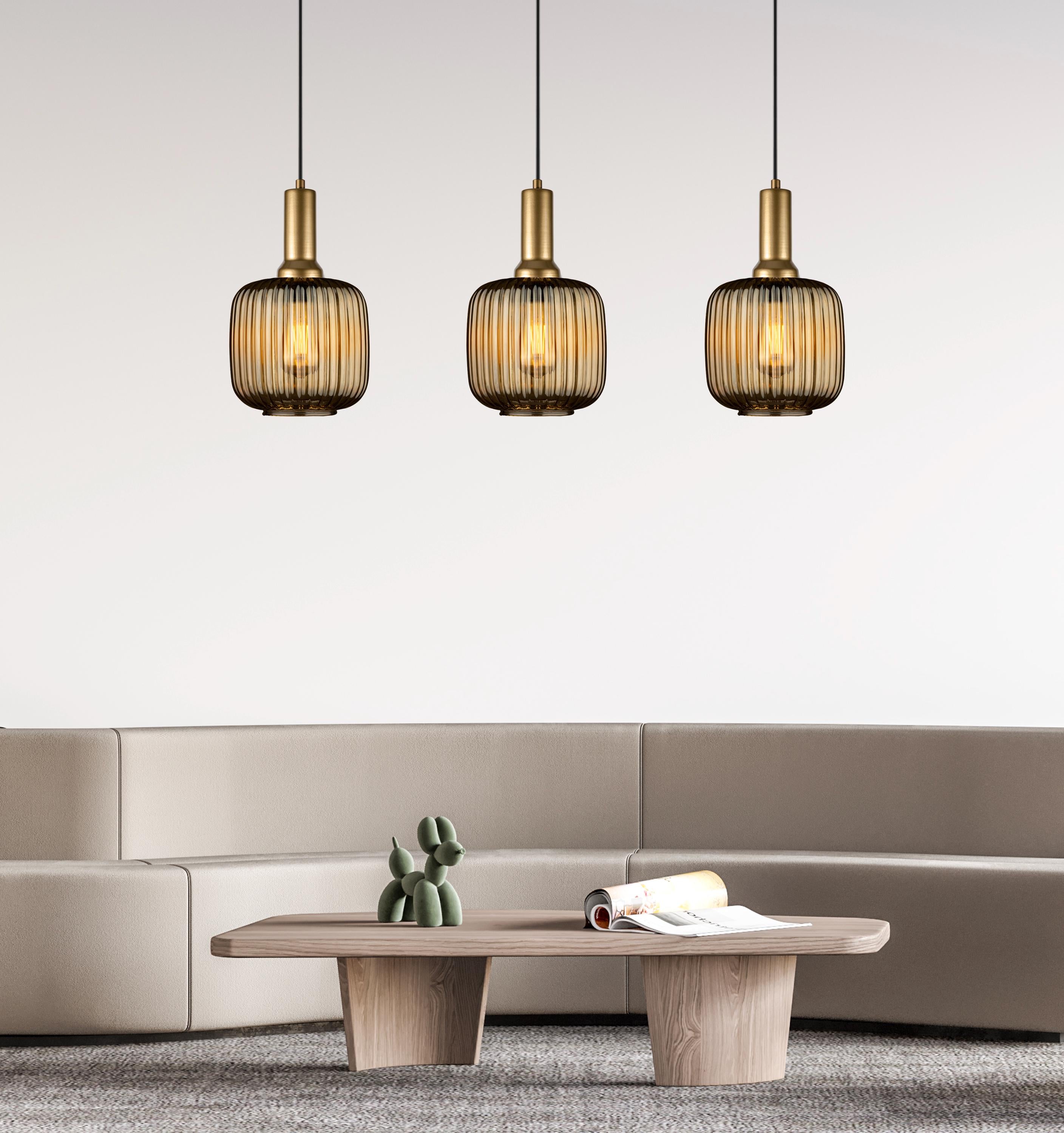 Ribbed Amber Glass Pendant Light: Modern Stairwell Chandelier