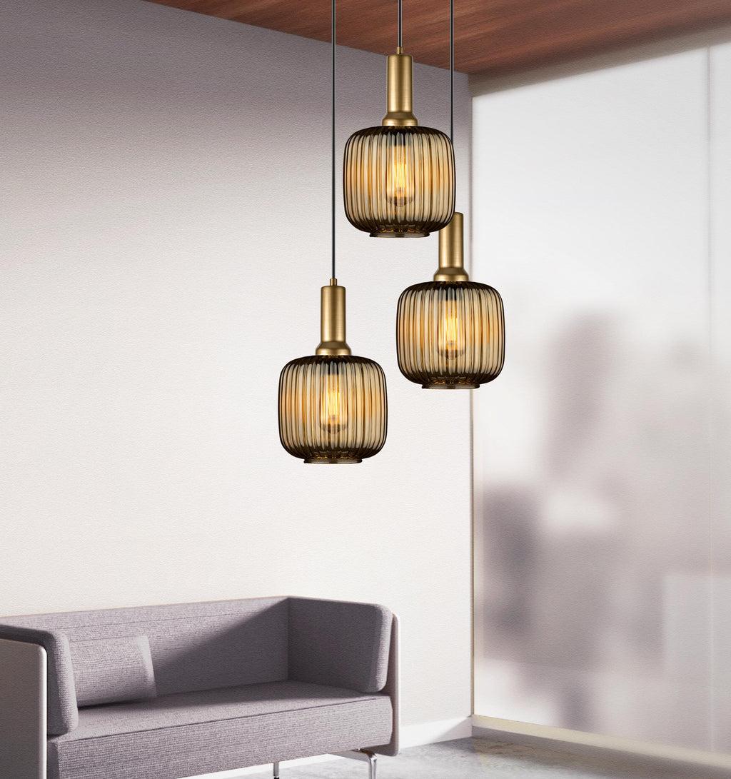 Amber Ribbed Glass Pendant Light: Modern Chandelier Lighting