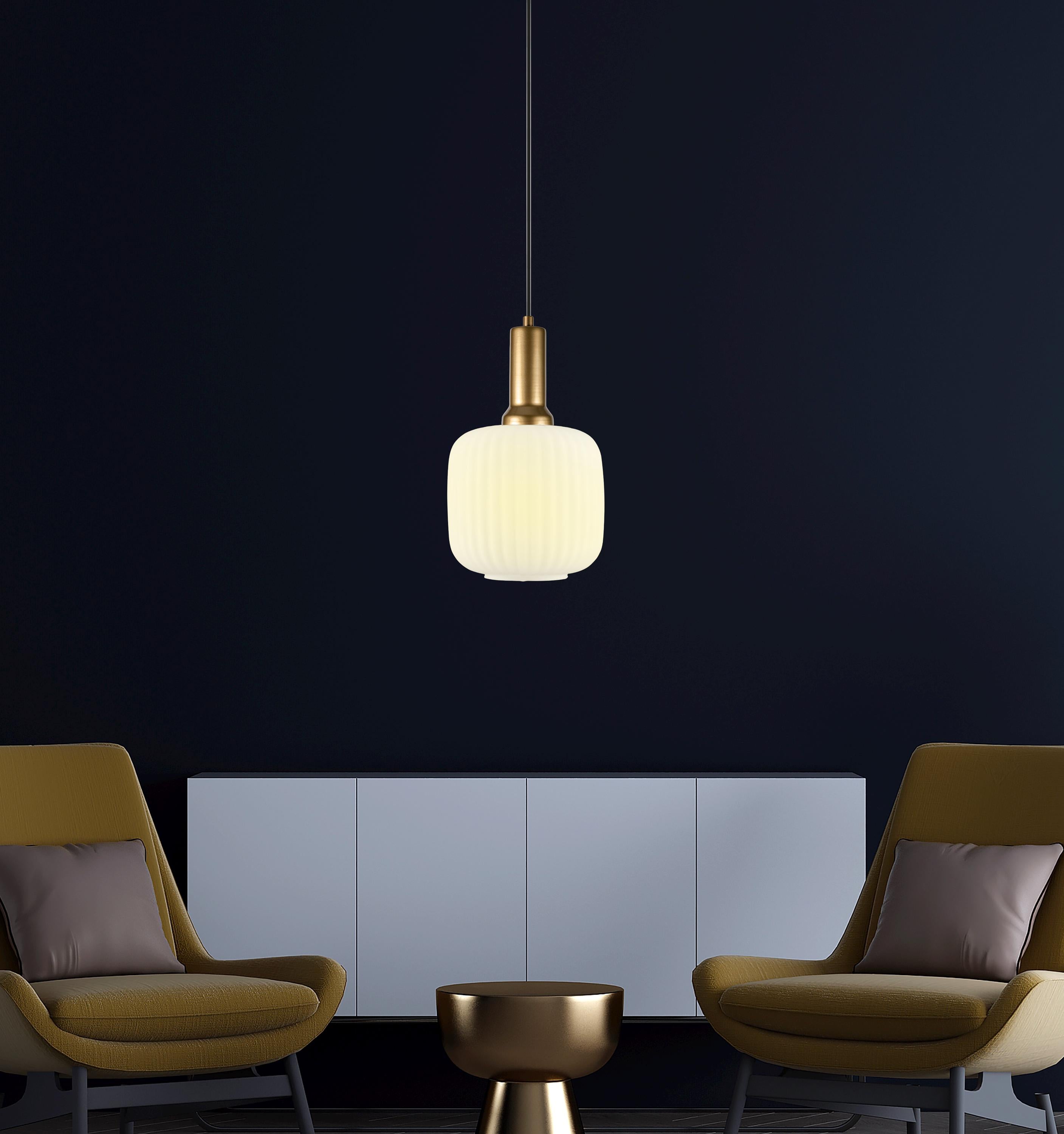 Opal White Ribbed Glass Pendant Light: Modern Stairwell Chandelier