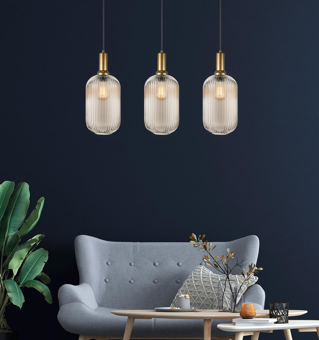 Ribbed Glass Multi Pendant Lighting: Stairwell Chandelier, Custom Length