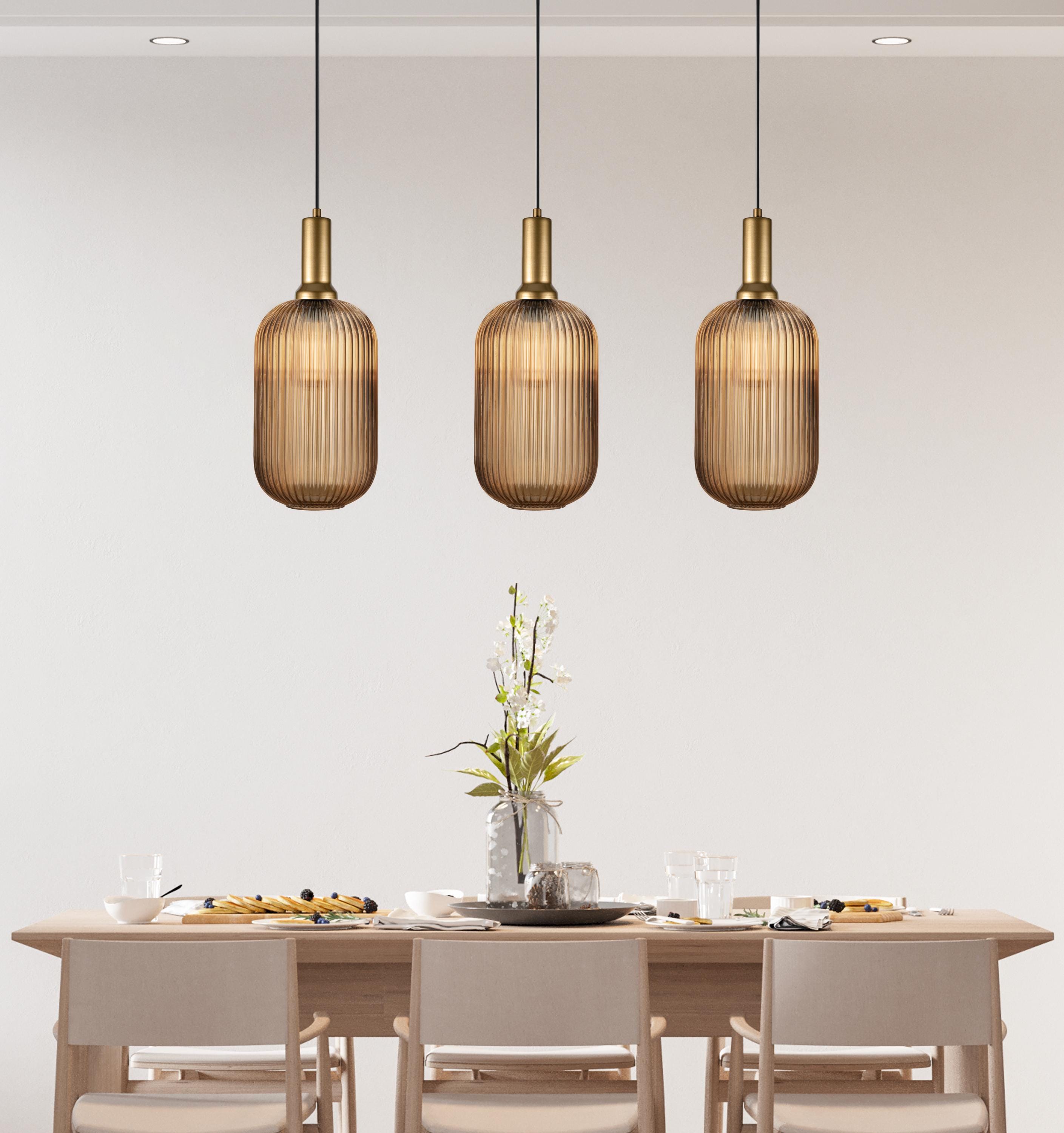 Ribbed Glass Multi Pendant Chandelier: Amber Stairwell Lighting