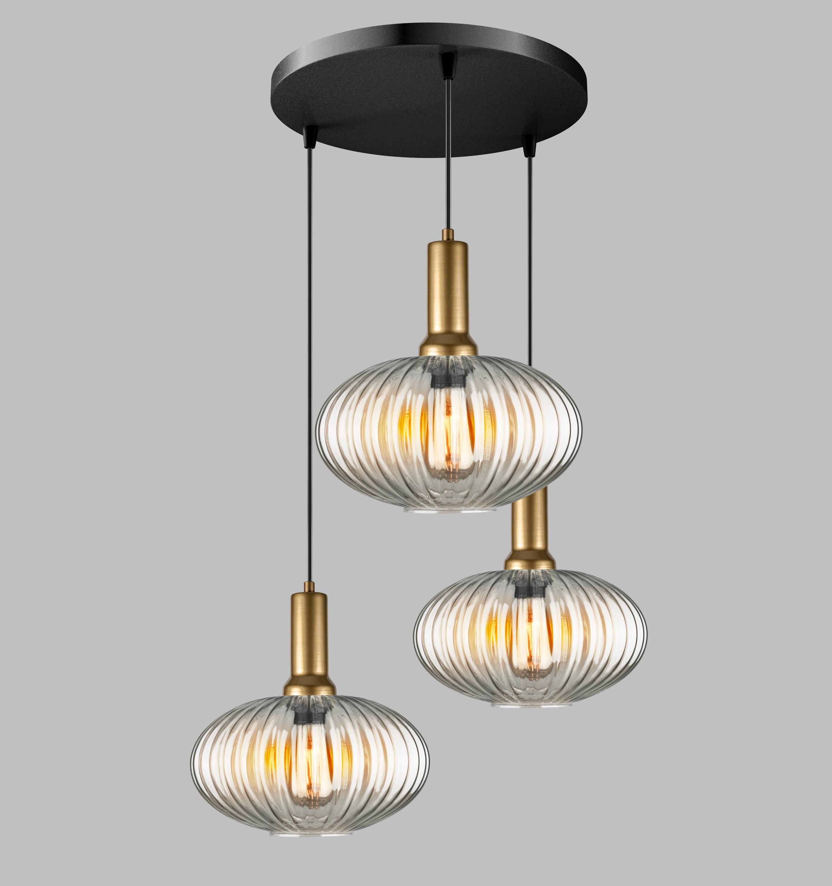 Amber Ribbed Glass Pendant Light: Modern Multi-Light Chandelier