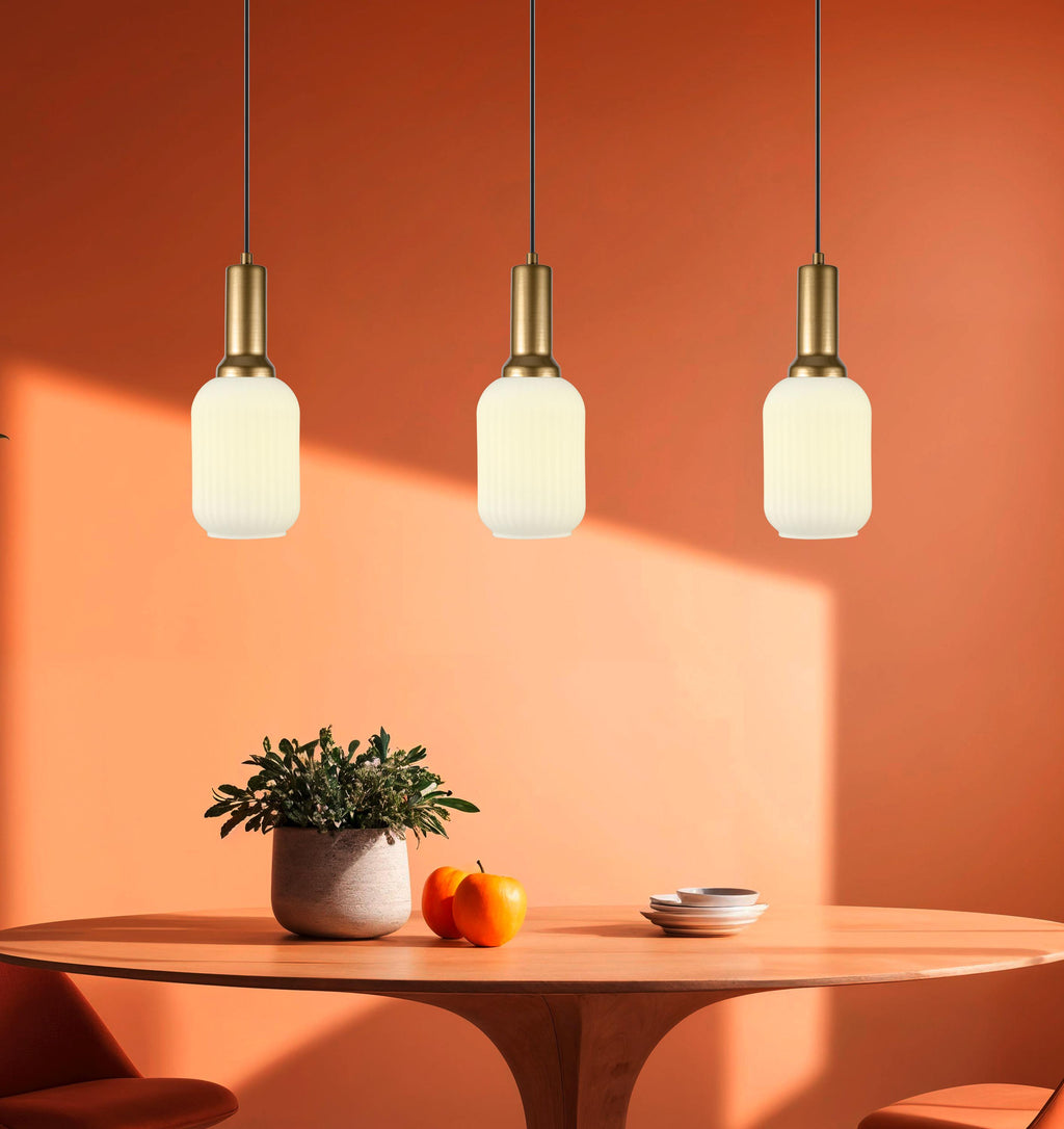 Ribbed White Glass Pendant Light: Modern Cylinder Chandelier