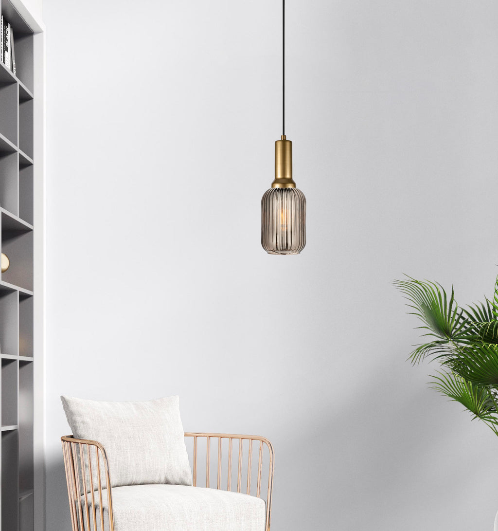 Smoke Gray Ribbed Glass Pendant Light - Nordic Modern Hanging Lamp