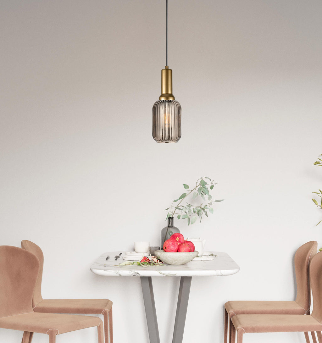 Smoke Gray Ribbed Glass Pendant Light - Nordic Modern Hanging Lamp