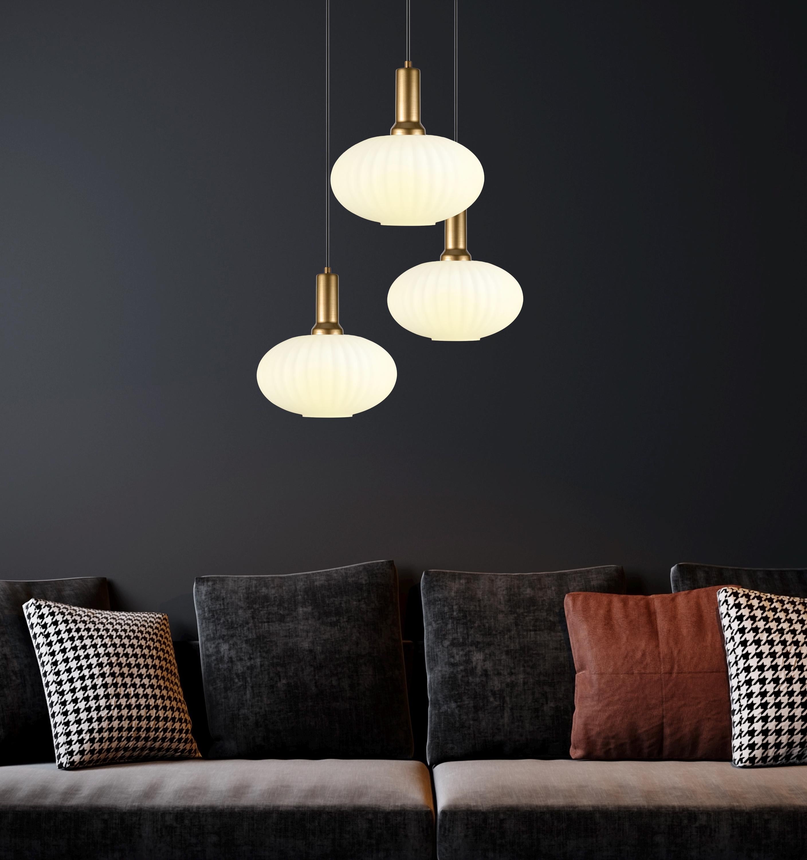 Milk White Ribbed Glass Pendant Light - Modern Stairwell Chandelier