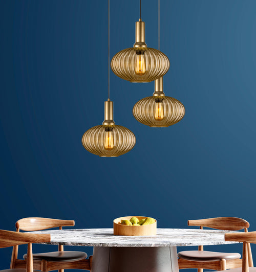 Amber Ribbed Glass Pendant Light: Modern Multi-Light Chandelier