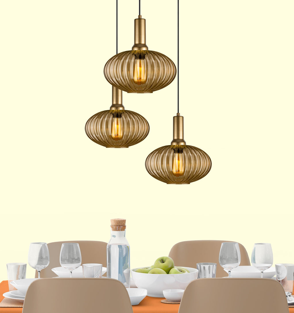 Amber Ribbed Glass Pendant Light: Modern Multi-Light Chandelier