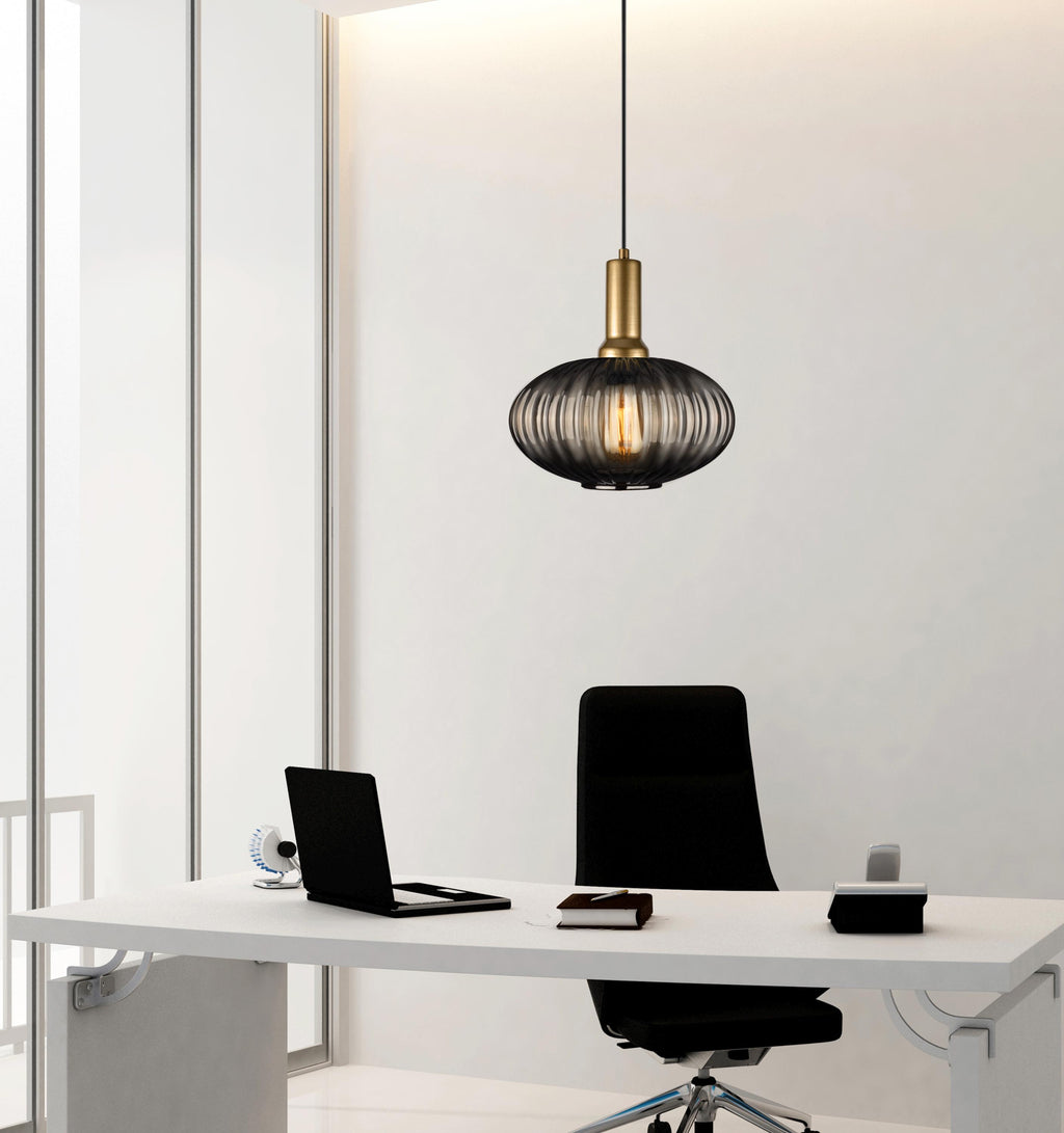 Smoke Gray Ribbed Glass Pendant Light: Modern Stairwell Chandelier
