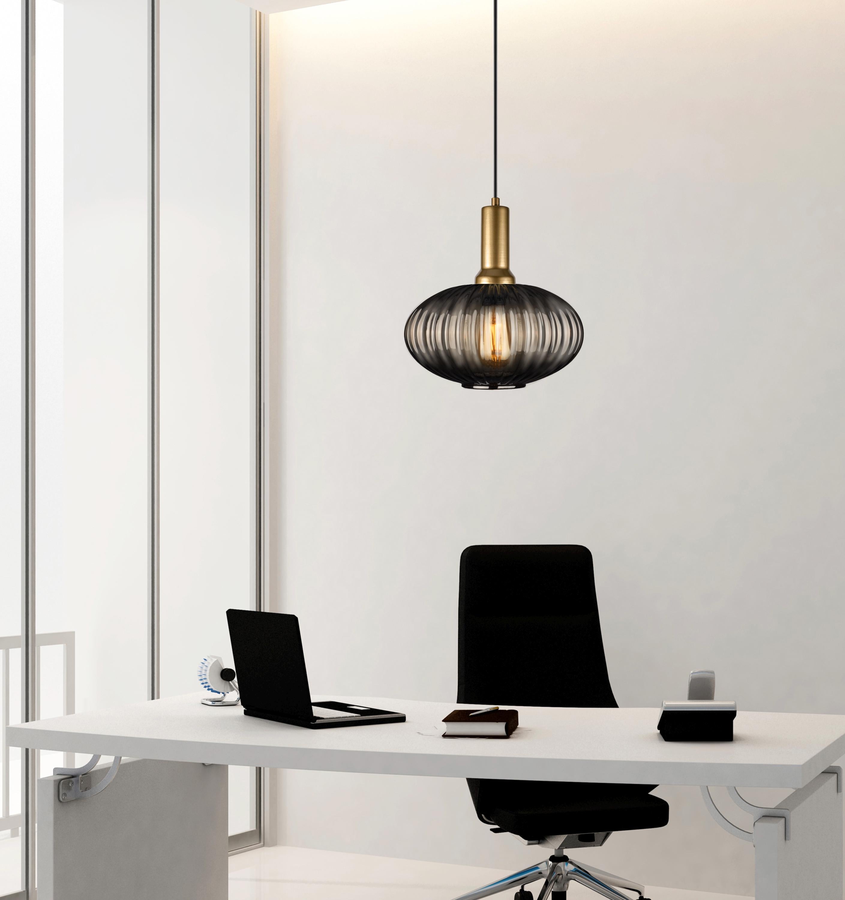 Smoke Gray Ribbed Glass Pendant Light: Modern Stairwell Chandelier