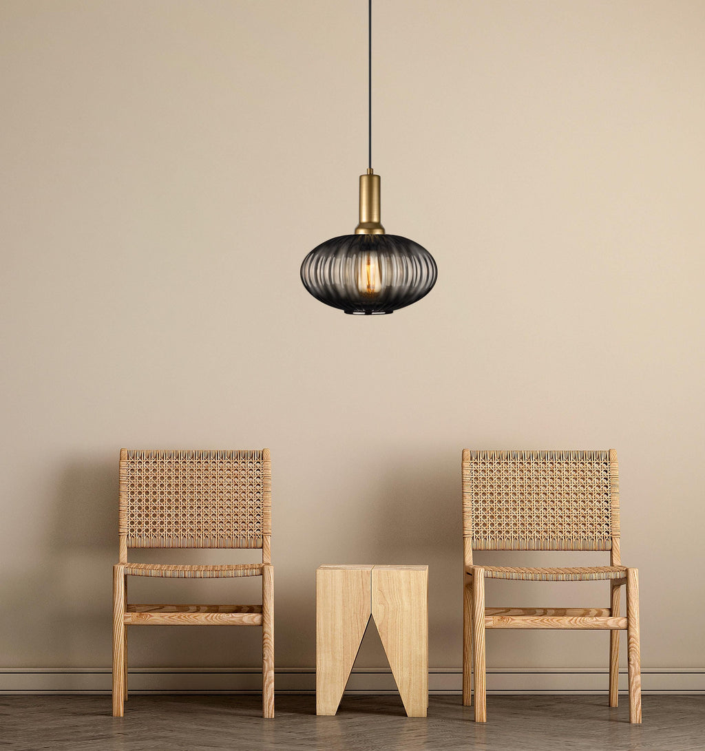Smoke Gray Ribbed Glass Pendant Light: Modern Stairwell Chandelier