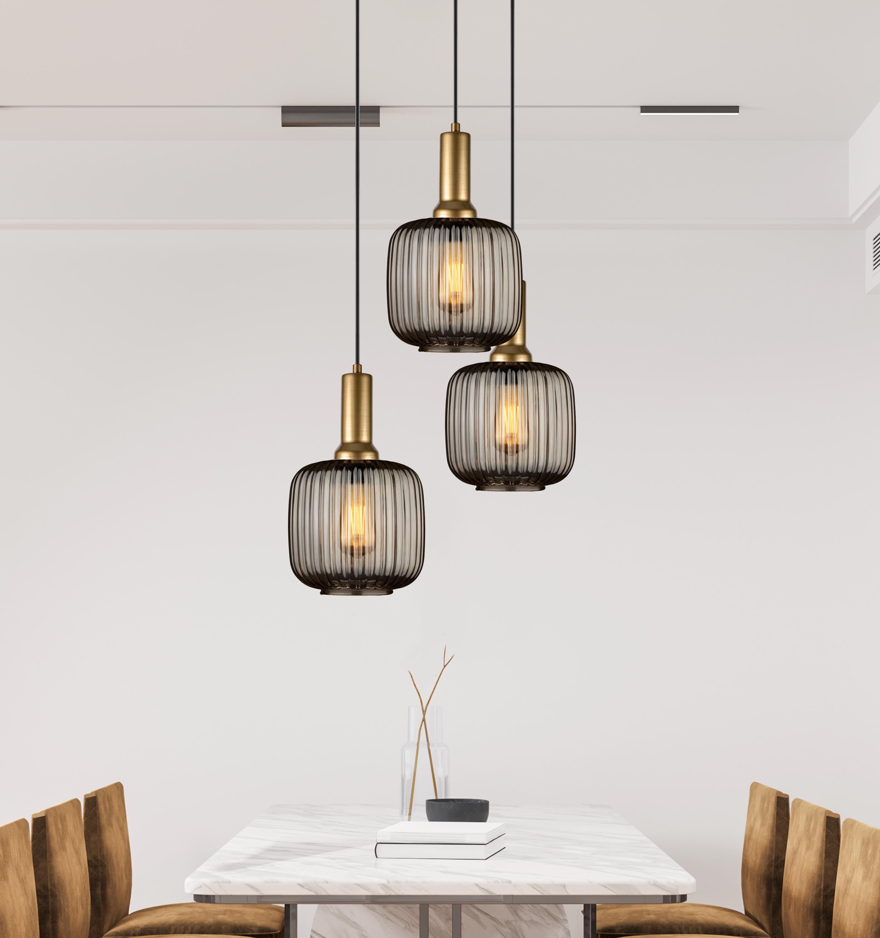 Smoky Ribbed Glass Pendant Light: Organic Modern Amber-Clear Cylinder