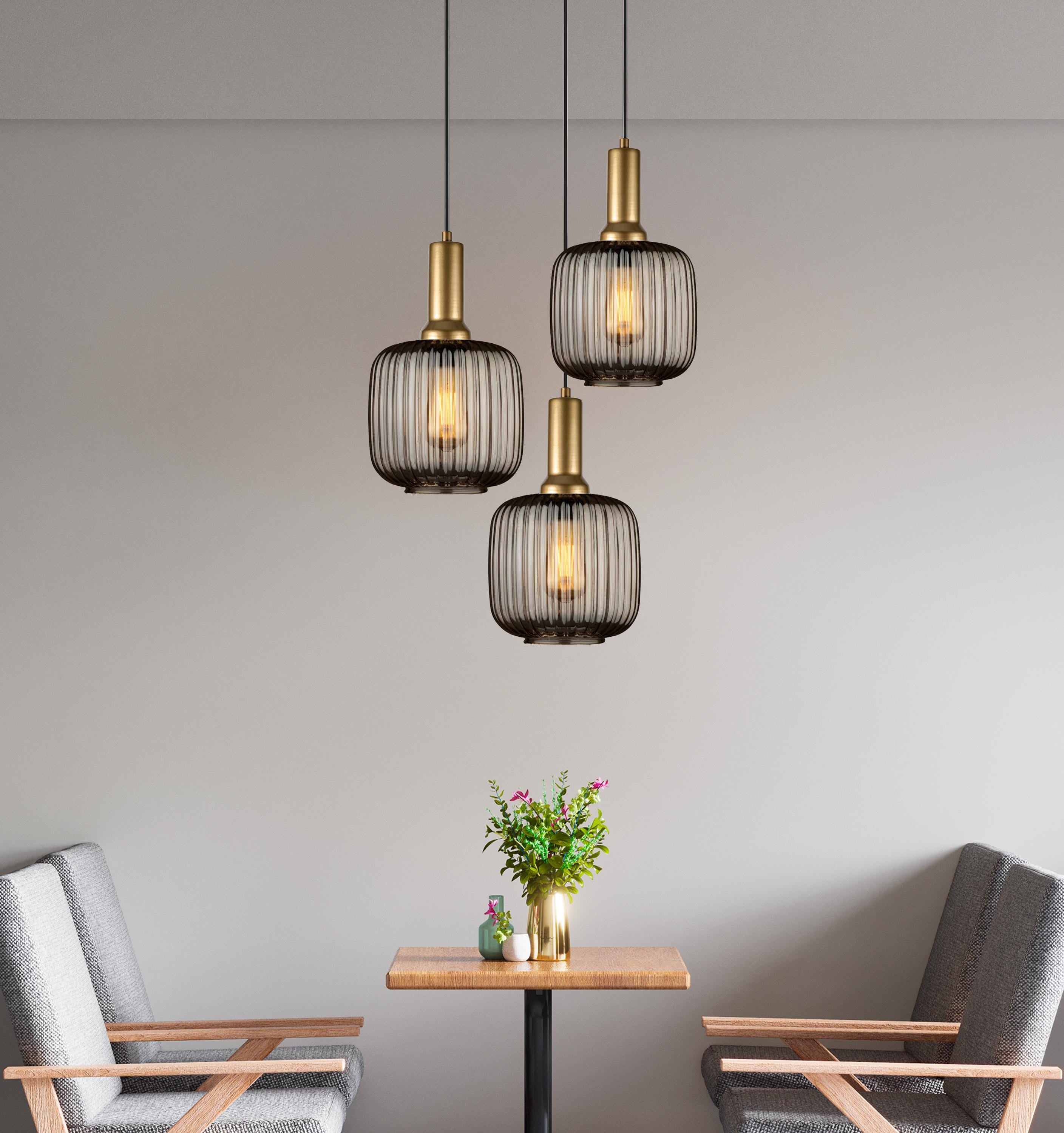 Smoky Ribbed Glass Pendant Light: Organic Modern Amber-Clear Cylinder
