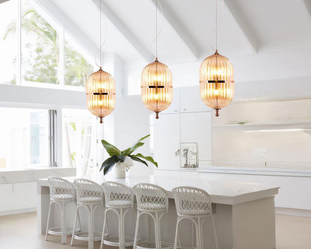 Vintage Ribbed Amber Glass Pendant Light: Scandinavian Kitchen Island Chandelier