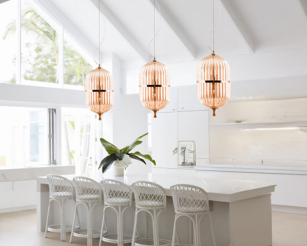 Vintage Ribbed Amber Glass Pendant Light: Scandinavian Kitchen Island Chandelier