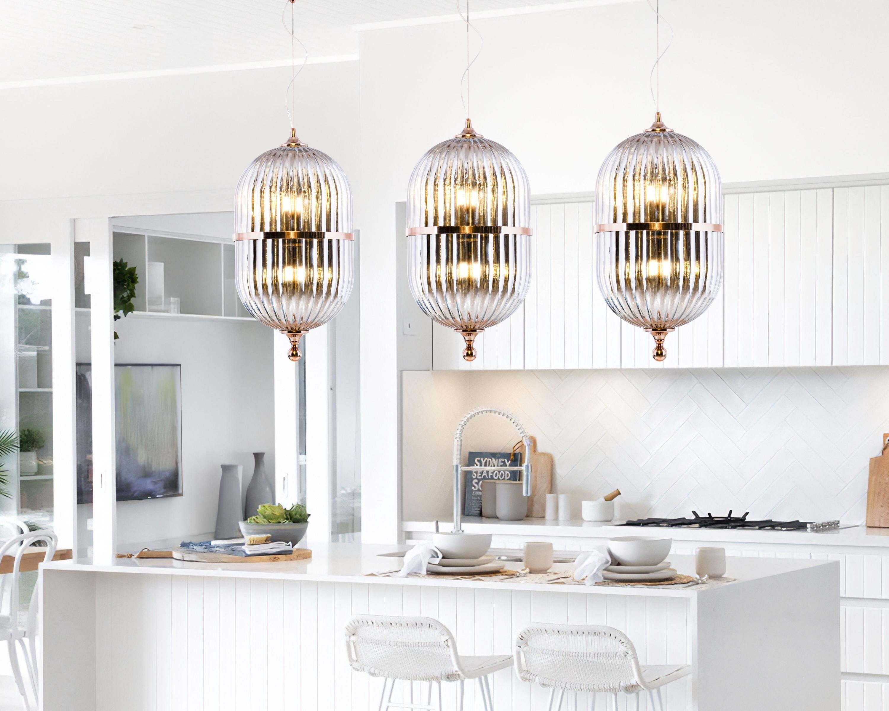 Smoke Gray Ribbed Glass Pendant Light: Nordic Style Chandelier
