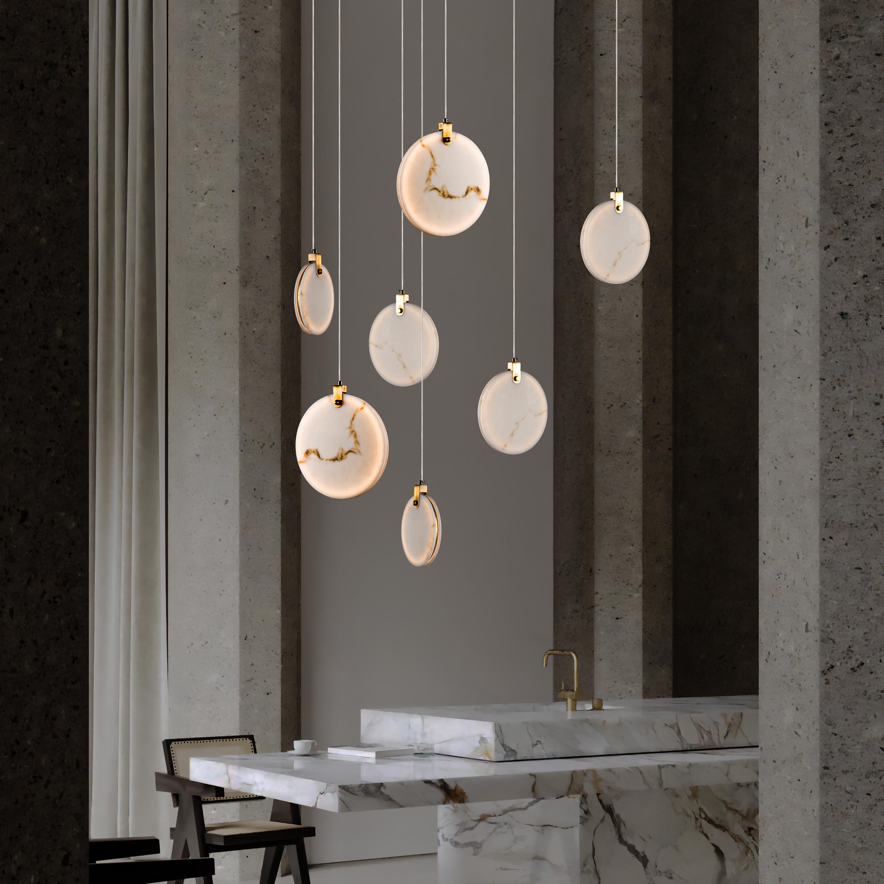 Alabaster Marble Disk LED Pendant Light, Dining Stairwell Lighting