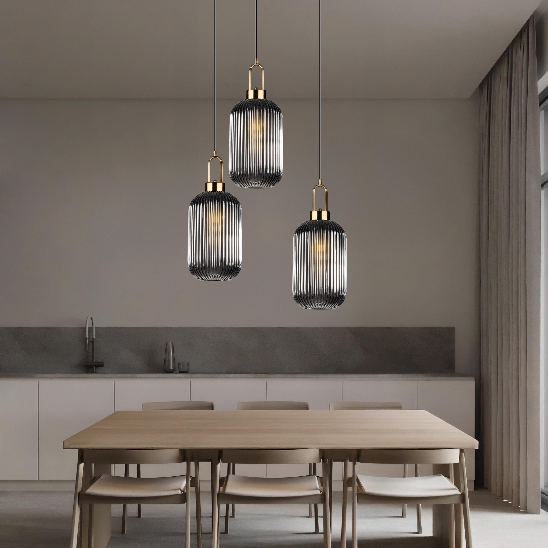 Smoky Ribbed Glass Pendant Light: Modern Staircase Chandelier
