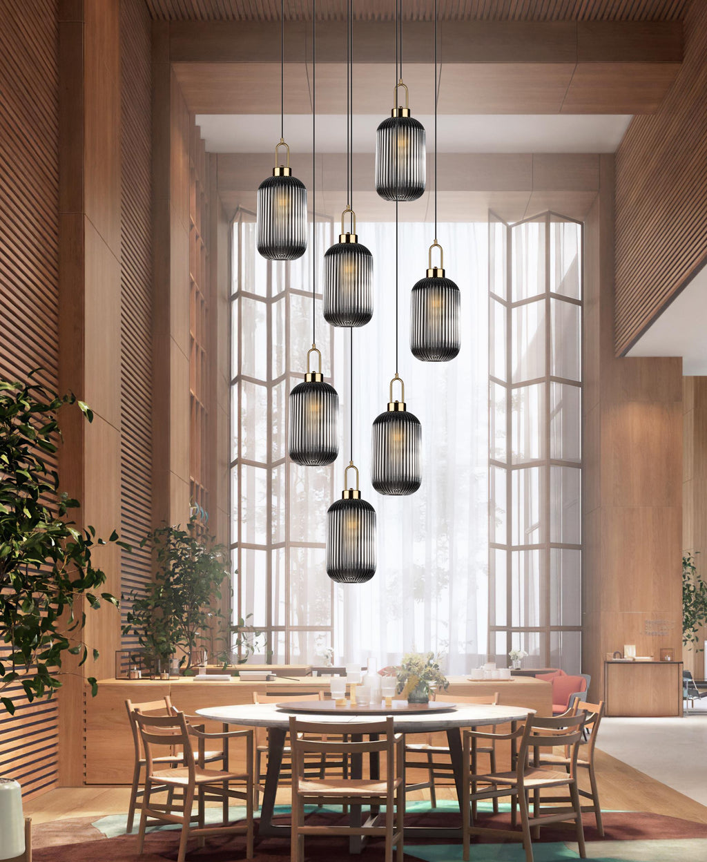Smoky Ribbed Glass Pendant Light: Modern Staircase Chandelier