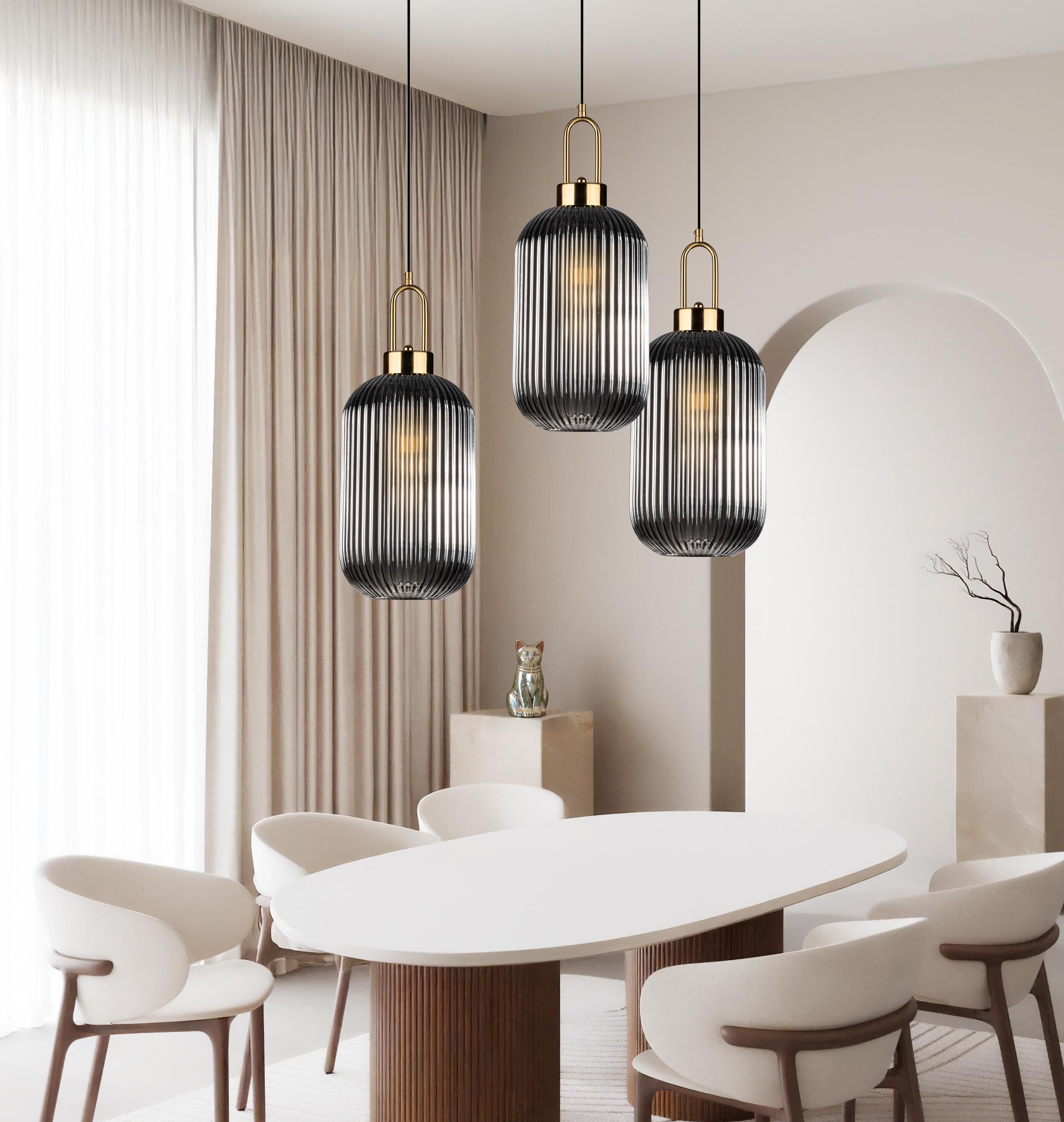 Smoky Ribbed Glass Pendant Light: Modern Staircase Chandelier