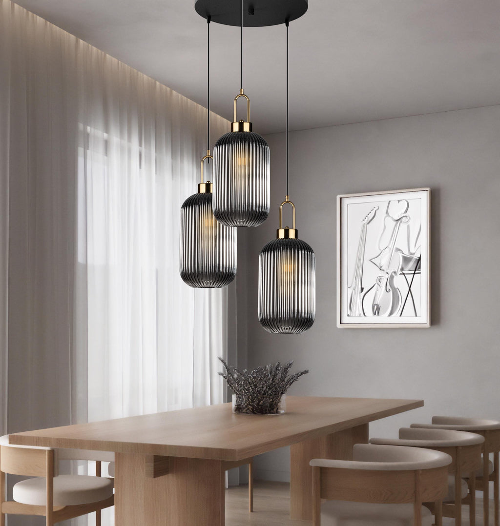 Smoky Ribbed Glass Pendant Light: Modern Staircase Chandelier