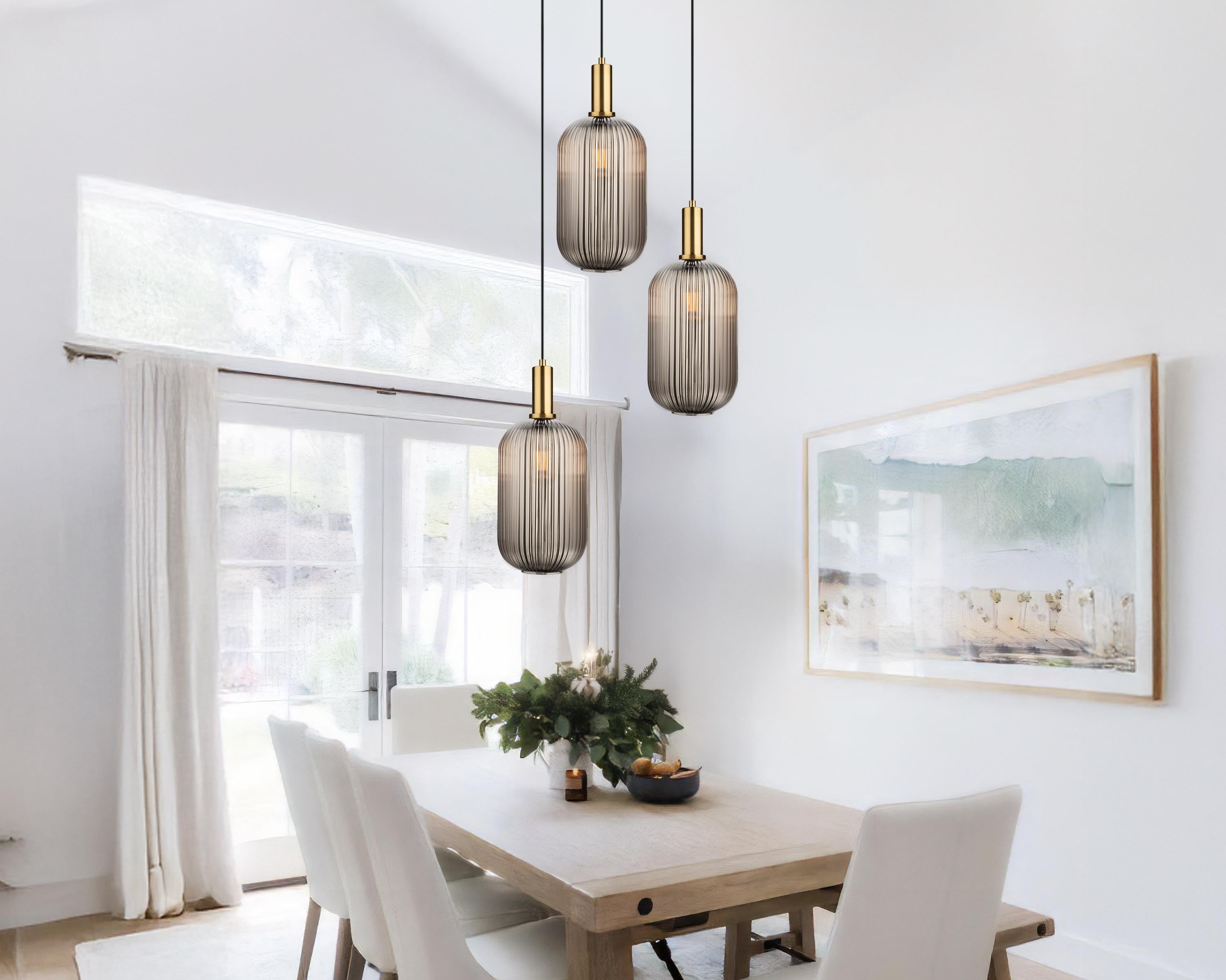 Ribbed Glass Pendant Light: Modern Scandinavian Kitchen Island Lighting